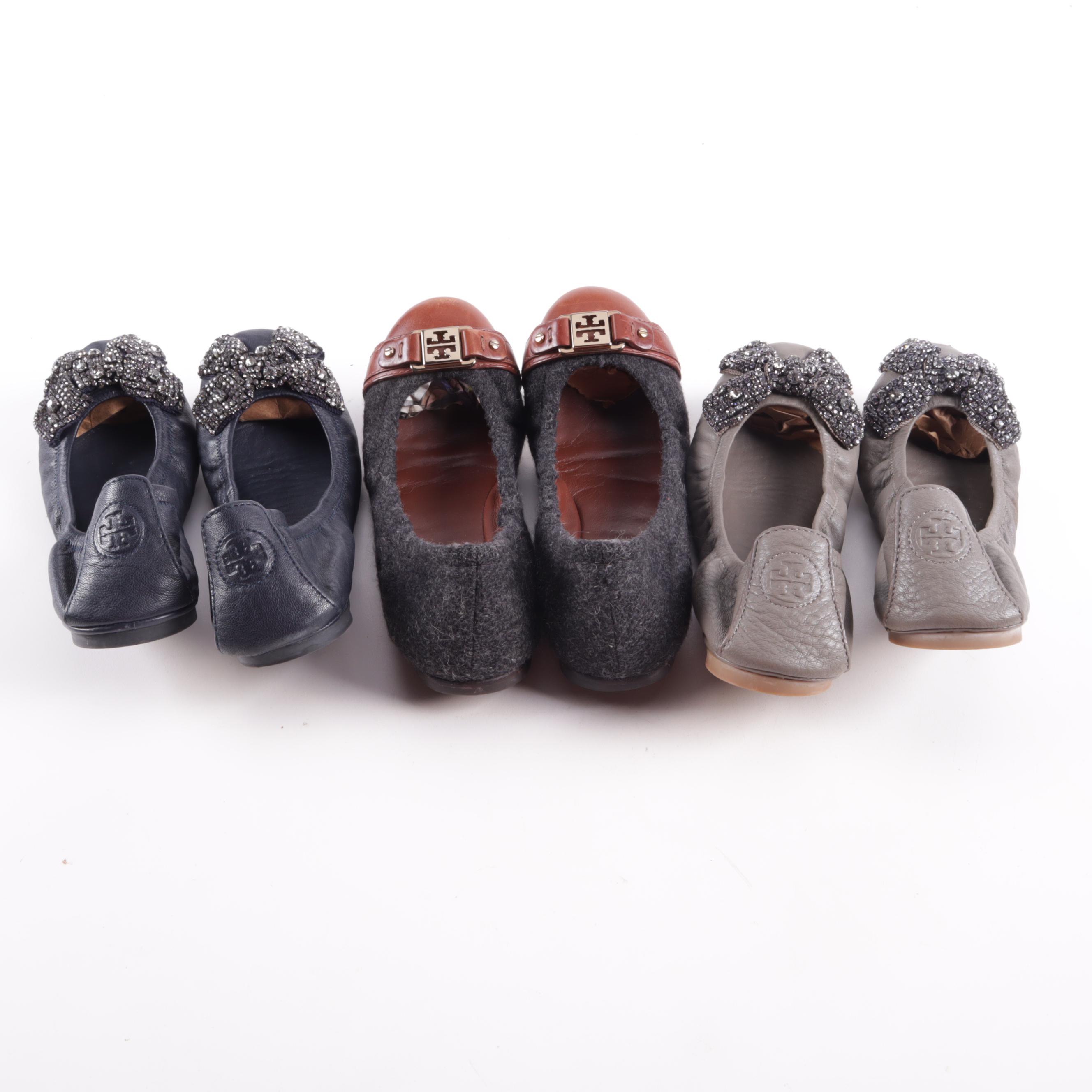 Tory Burch Flats in Leather with Rhinestone Bows and in Wool and Leather