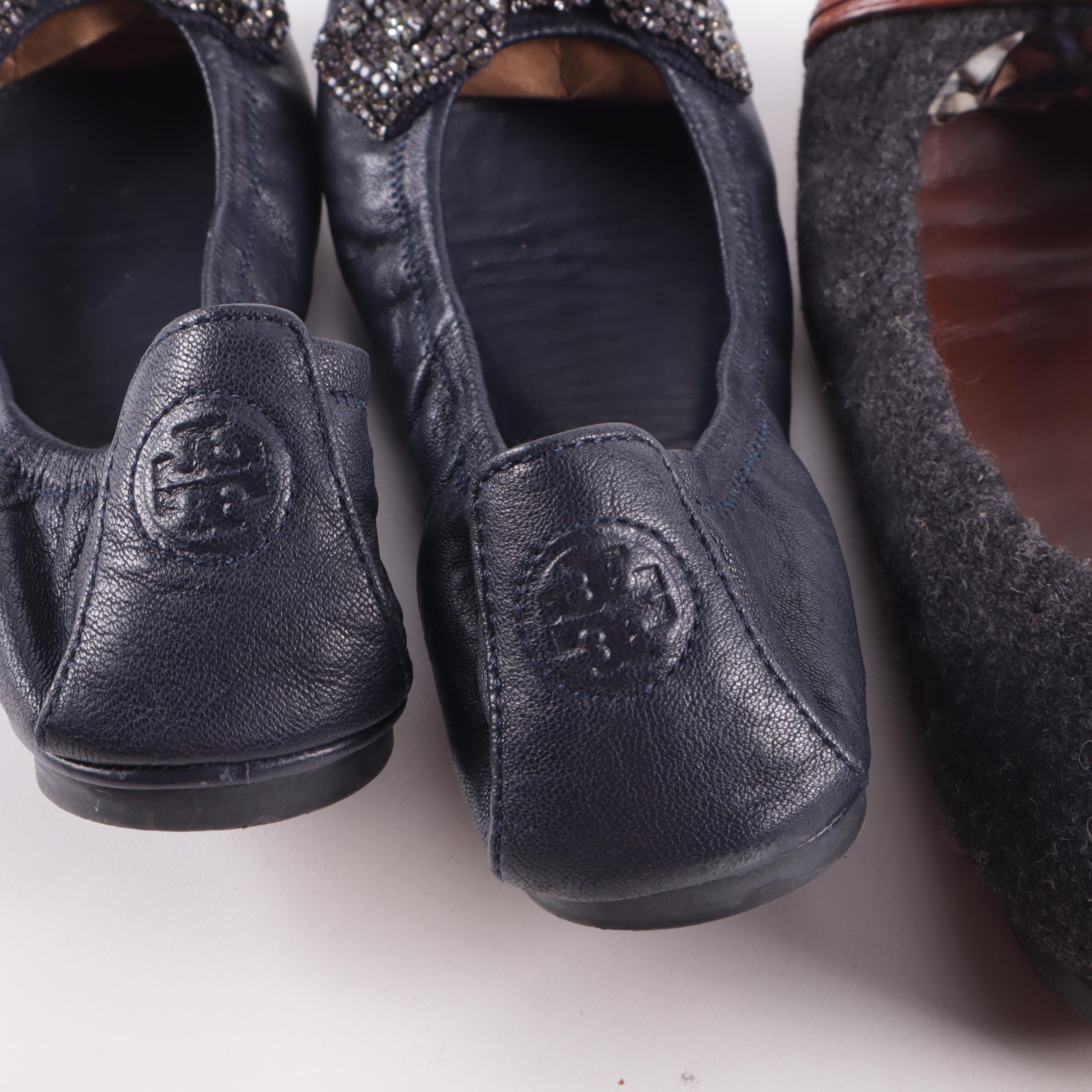 Tory Burch Flats in Leather with Rhinestone Bows and in Wool and Leather