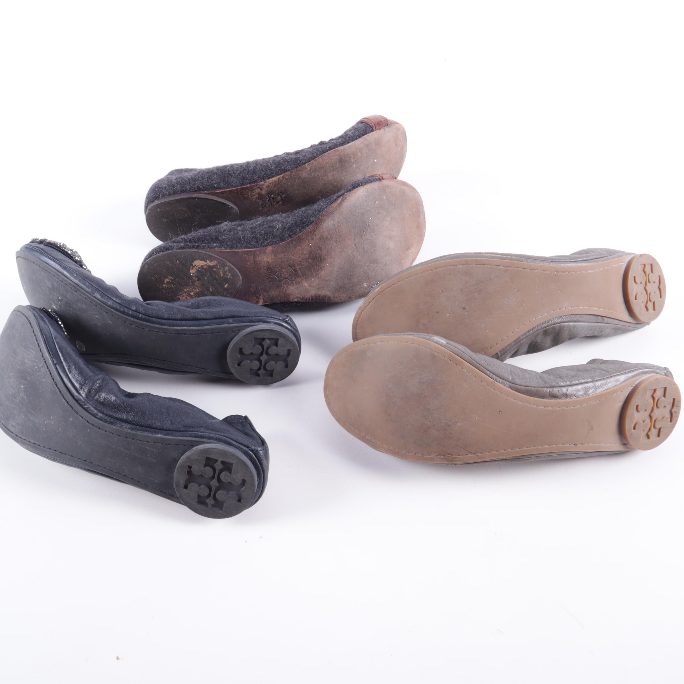 Tory Burch Flats in Leather with Rhinestone Bows and in Wool and Leather