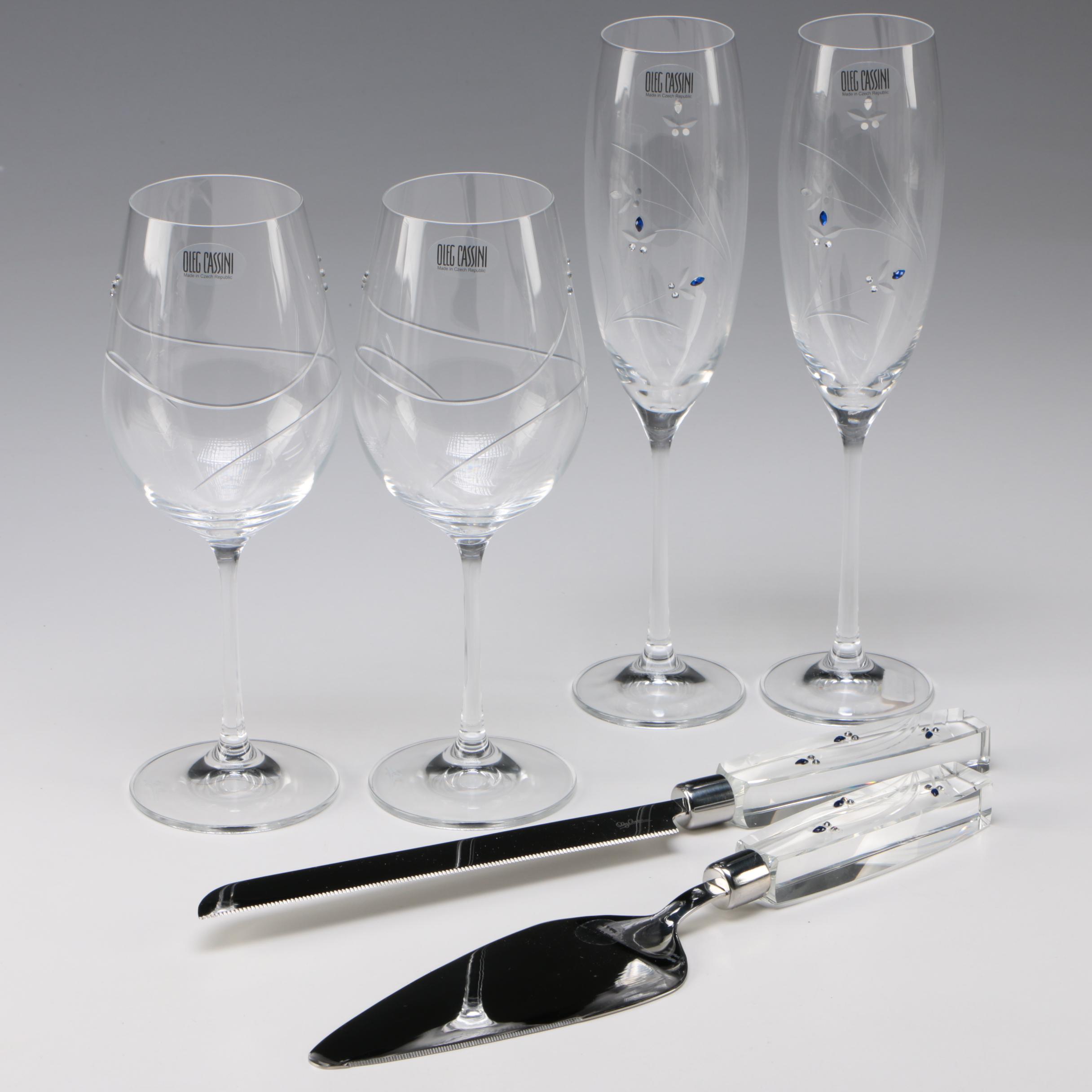 Oleg Cassini "Something Blue" Cake Set and Toasting Flutes with other Glasses