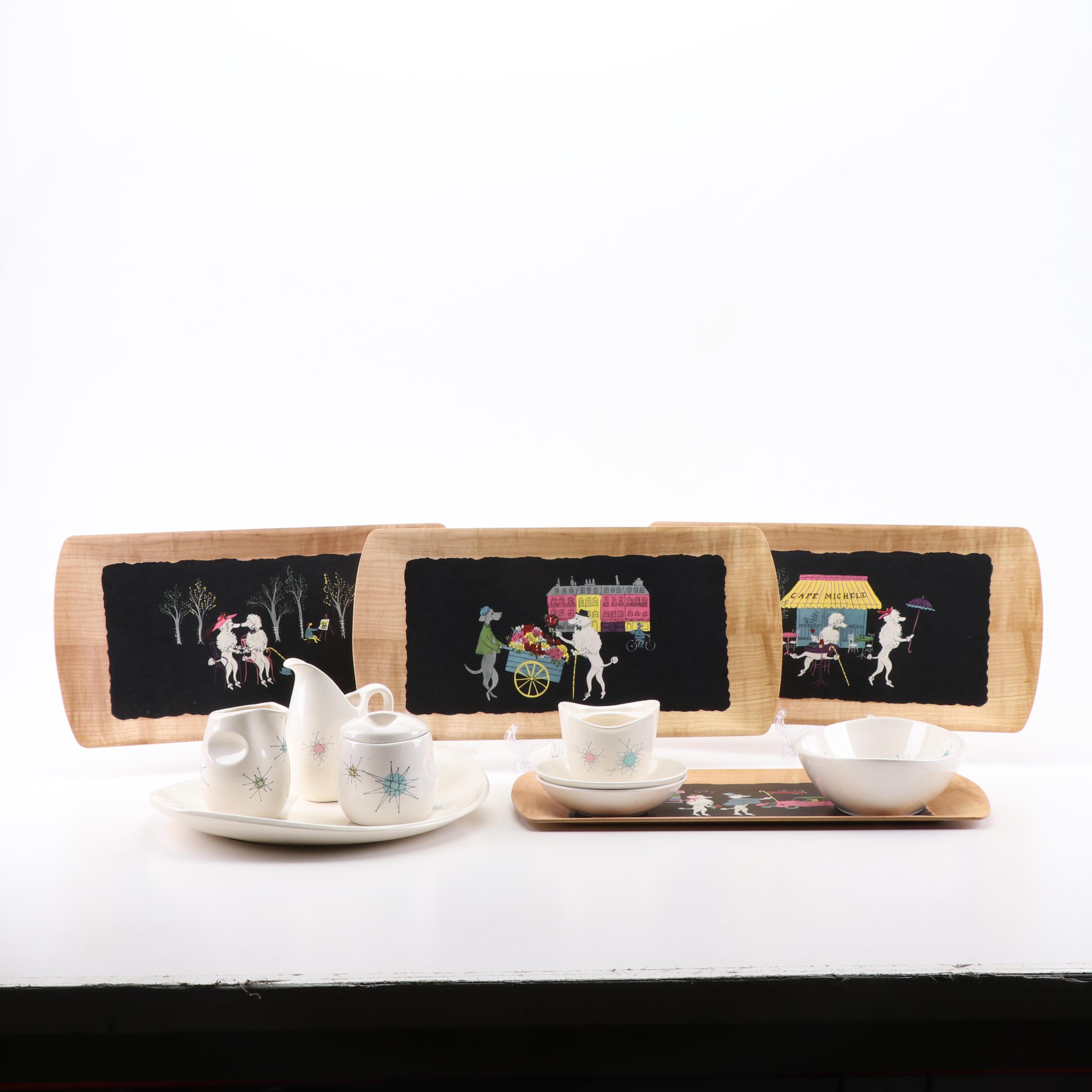 Fransiscan "Starburst" Earthenware Serveware and Kentley Buffet Trays, 1950s