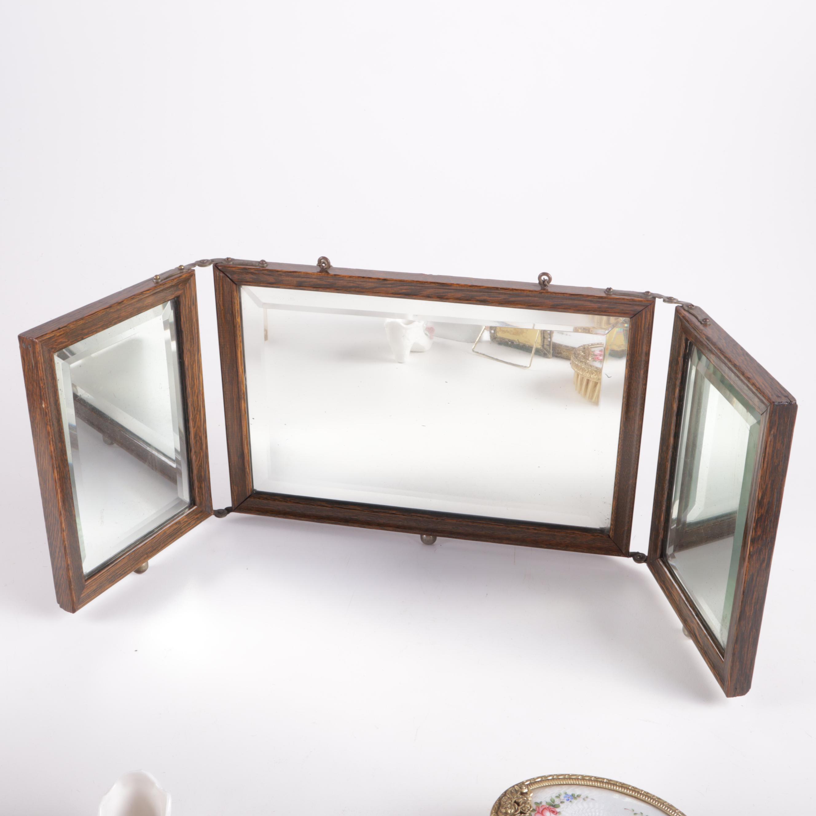 Antique Trifold Mirror, Ormolu & Floral Vanity Assortment EBTH