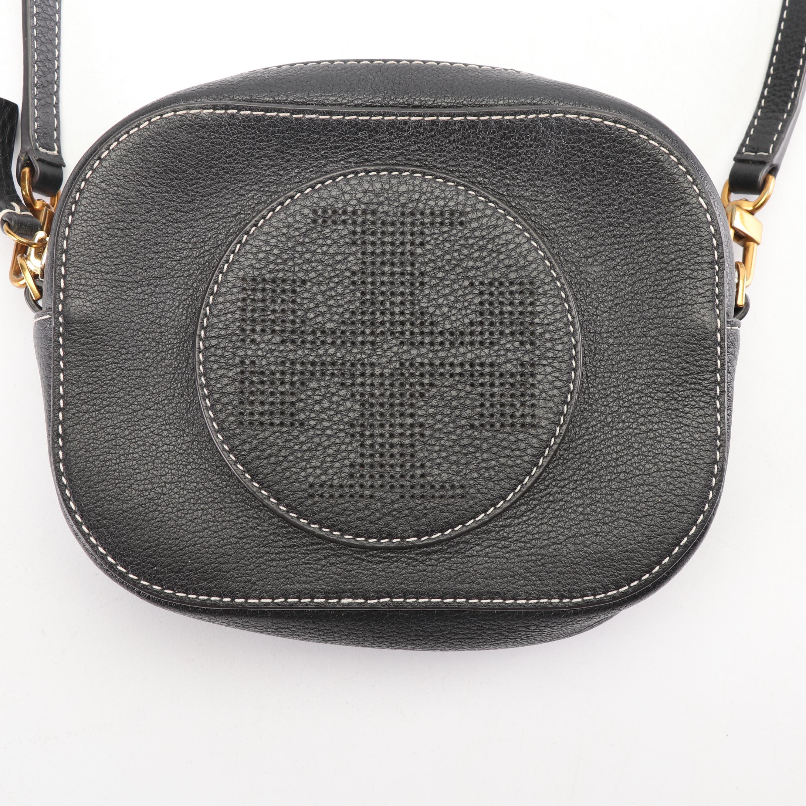 Tory Burch Black Pebbled Leather Crossbody Bag with Contrast Stitching