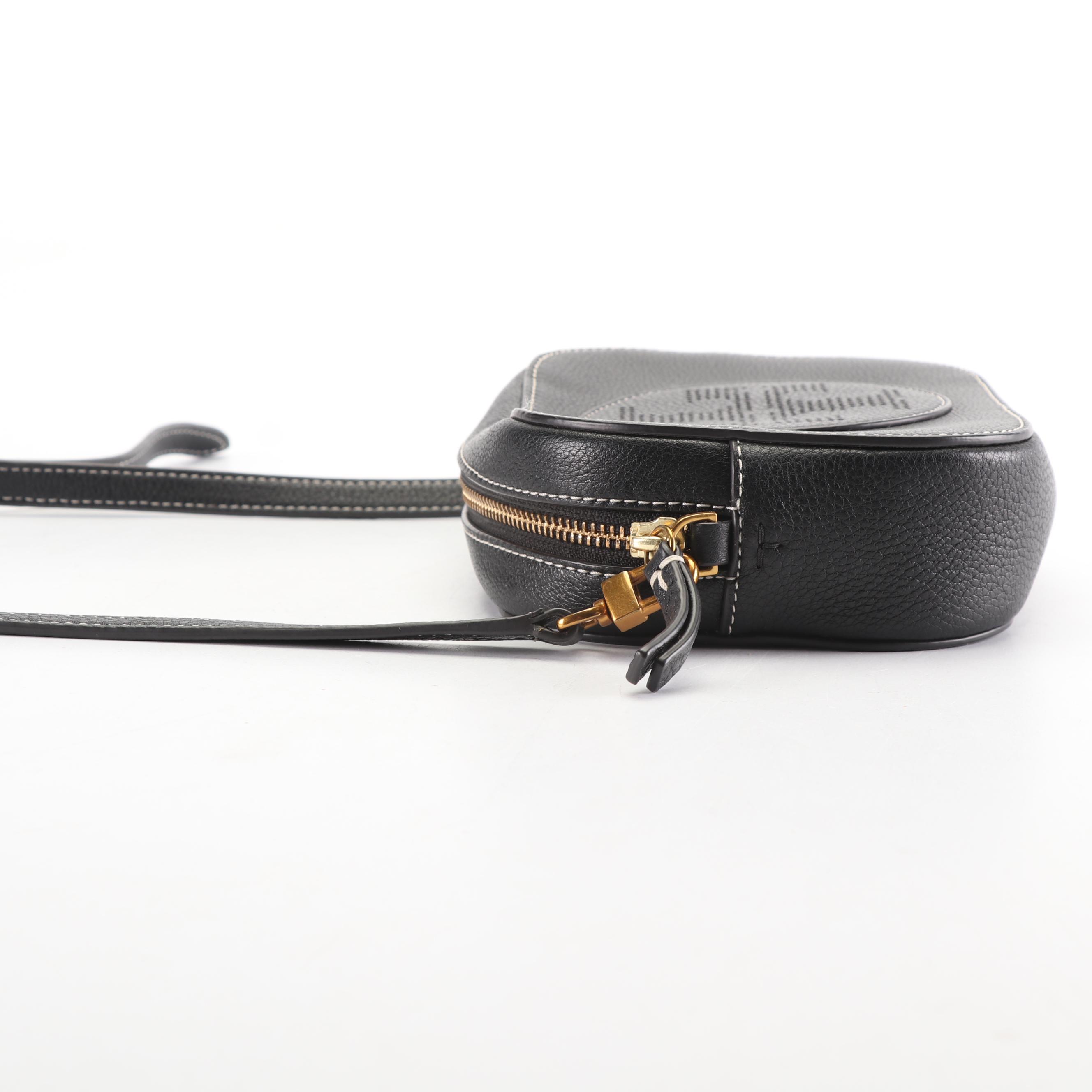 Tory Burch Black Pebbled Leather Crossbody Bag with Contrast Stitching