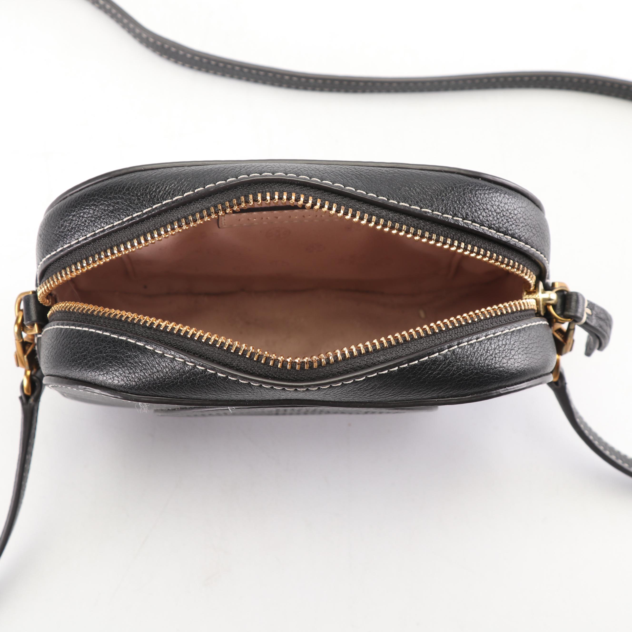 Tory Burch Black Pebbled Leather Crossbody Bag with Contrast Stitching