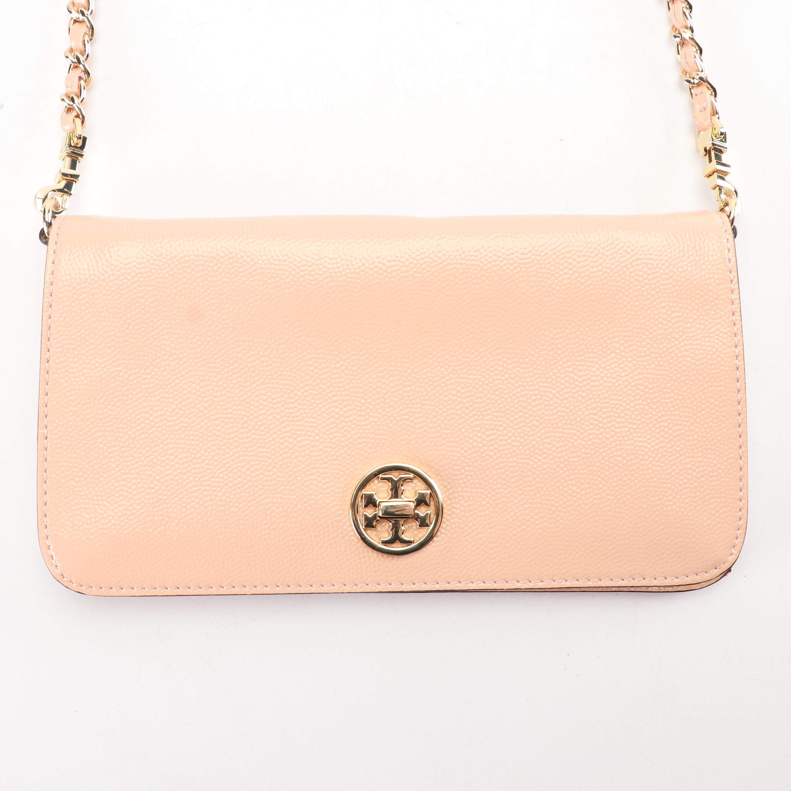 Tory Burch Blush Textured Patent Leather Clutch with Chain