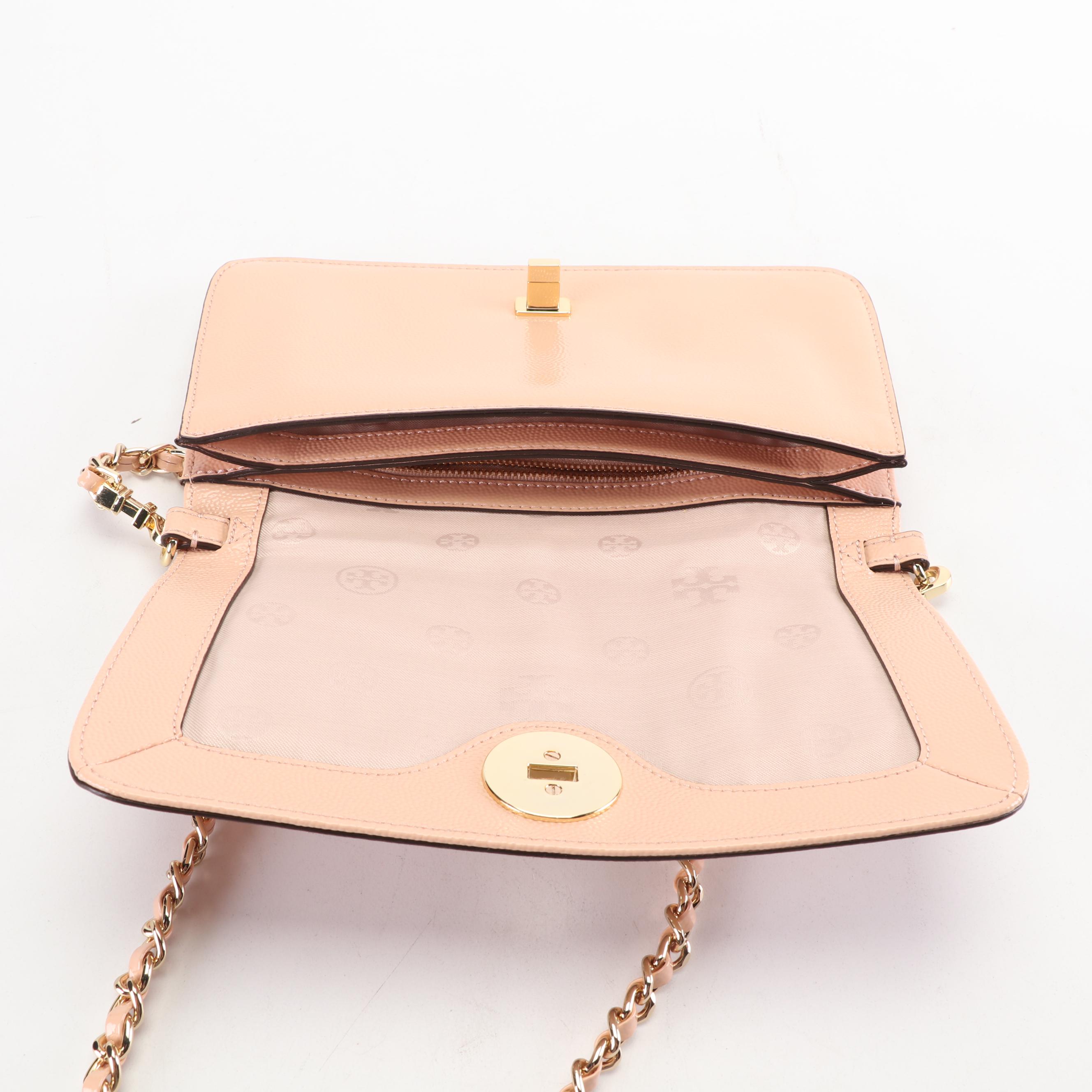 Tory Burch Blush Textured Patent Leather Clutch with Chain