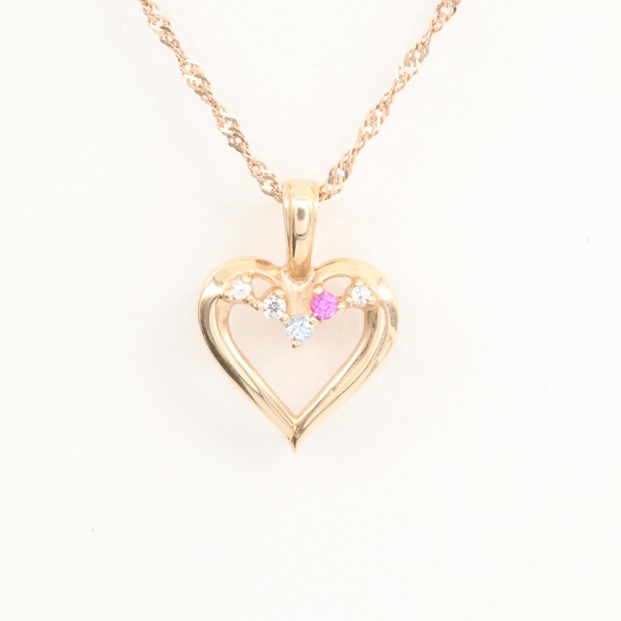 14K Yellow Gold Spinel and Ruby Heart Pendant Necklace