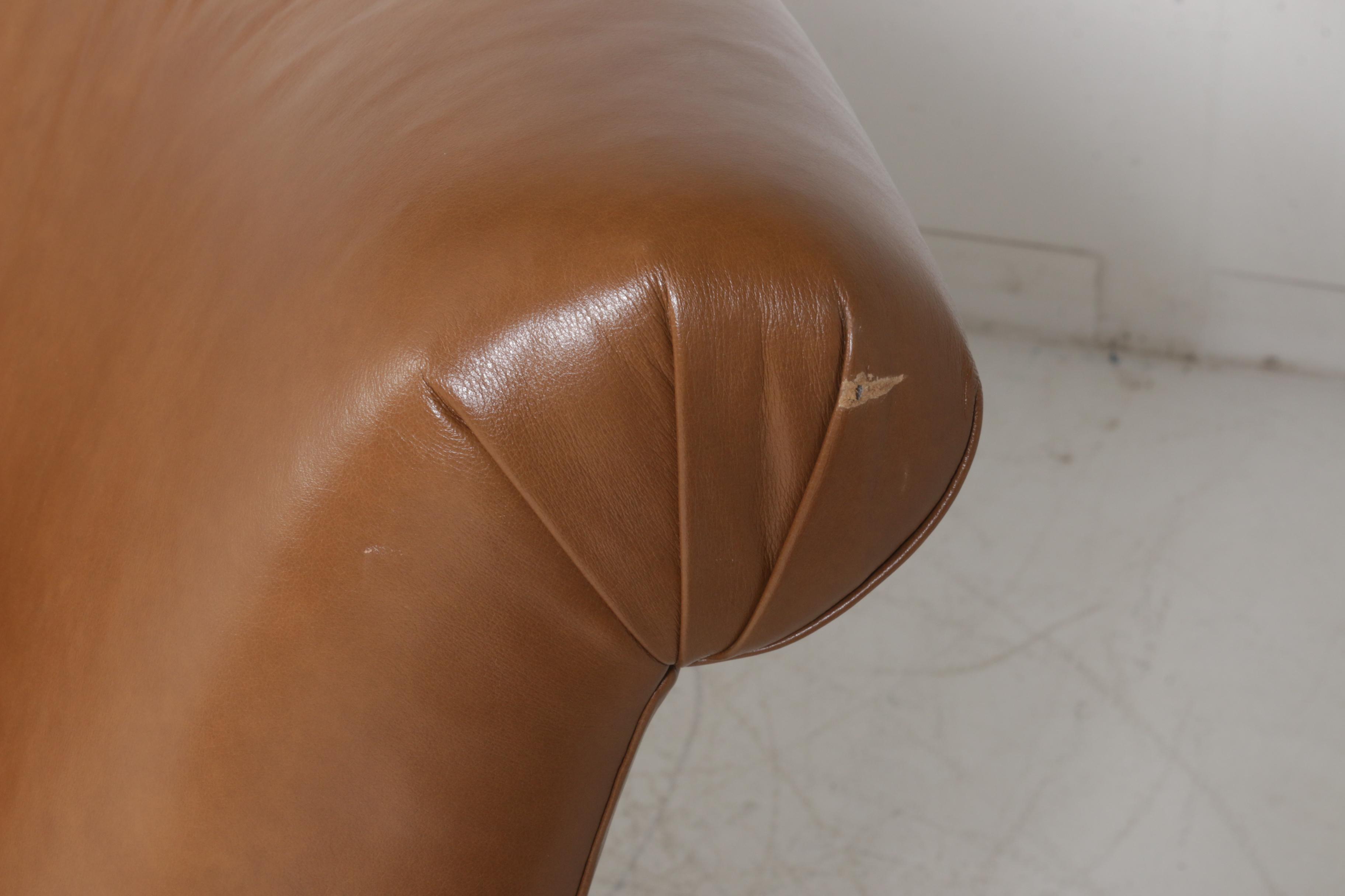 Contemporary Tan Leather Curved Loveseat, Pair