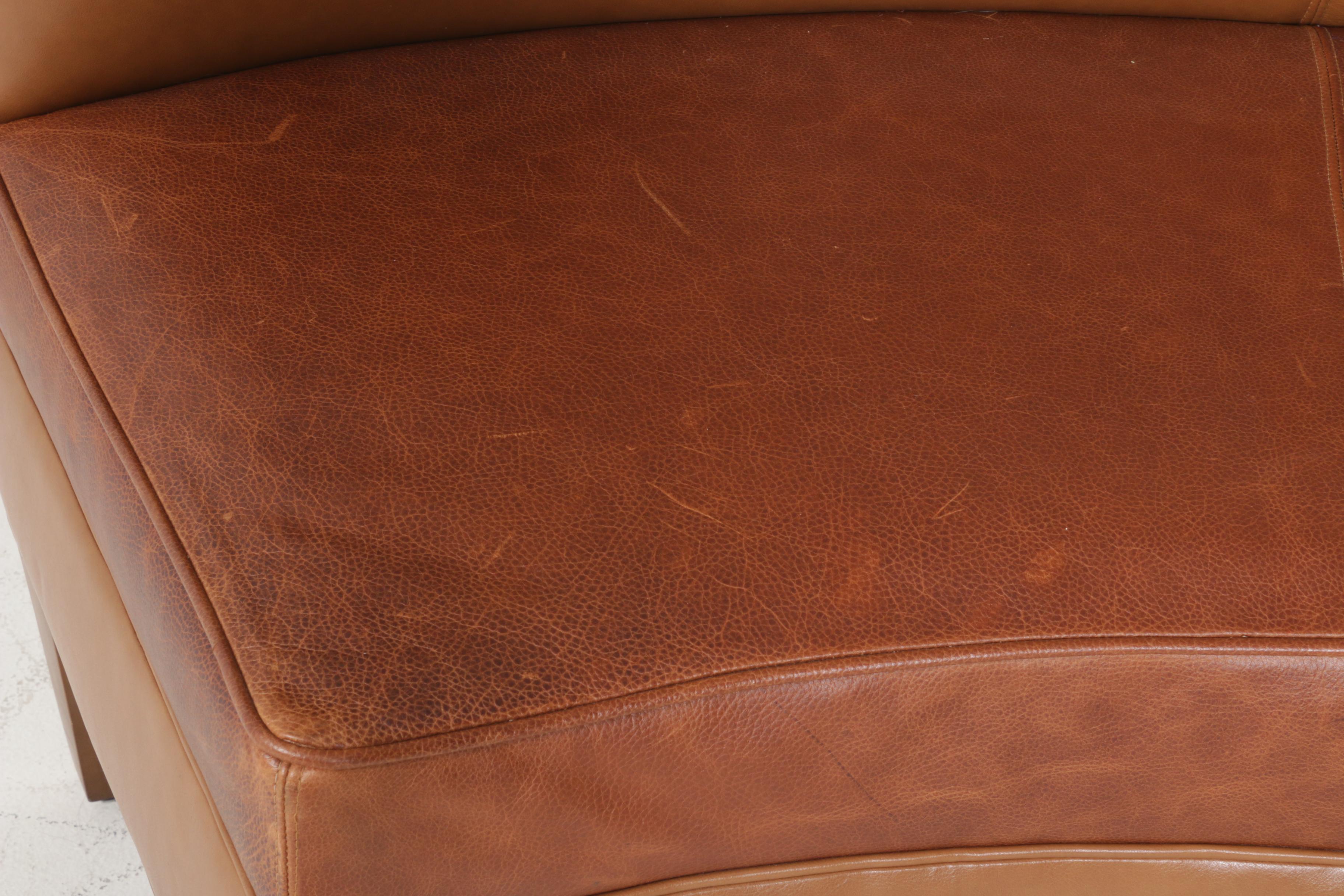 Contemporary Tan Leather Curved Loveseat, Pair