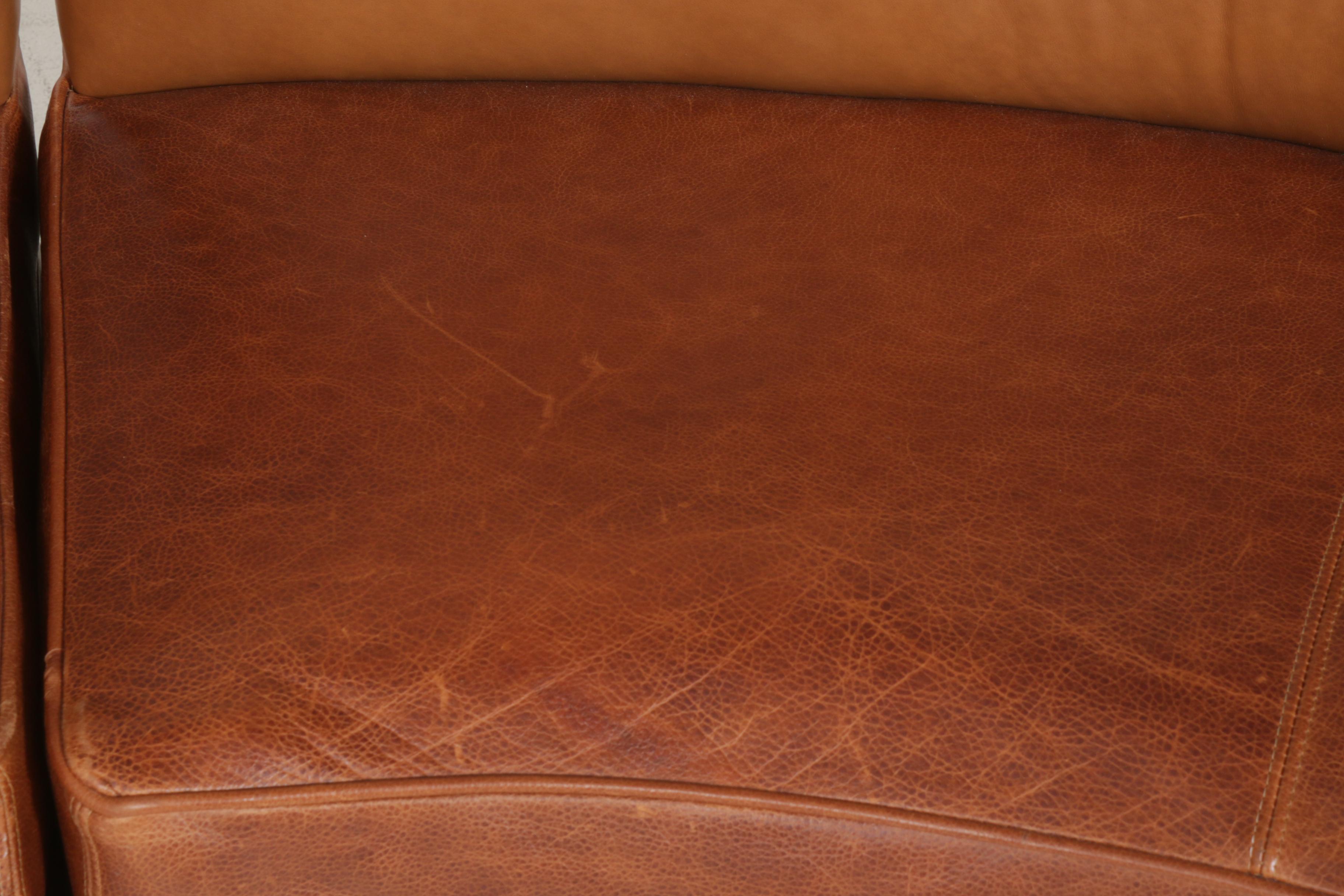 Contemporary Tan Leather Curved Loveseat, Pair