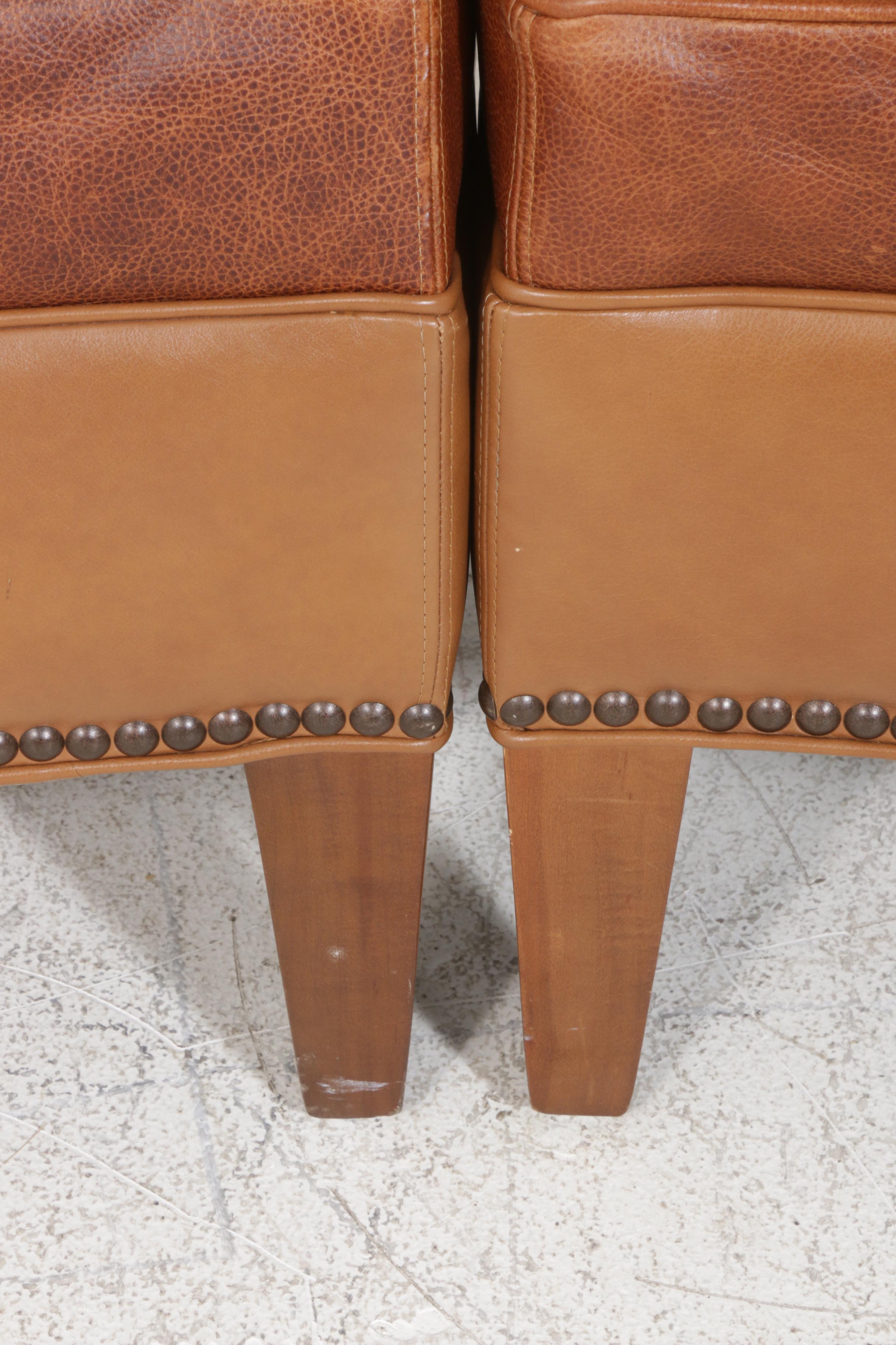 Contemporary Tan Leather Curved Loveseat, Pair