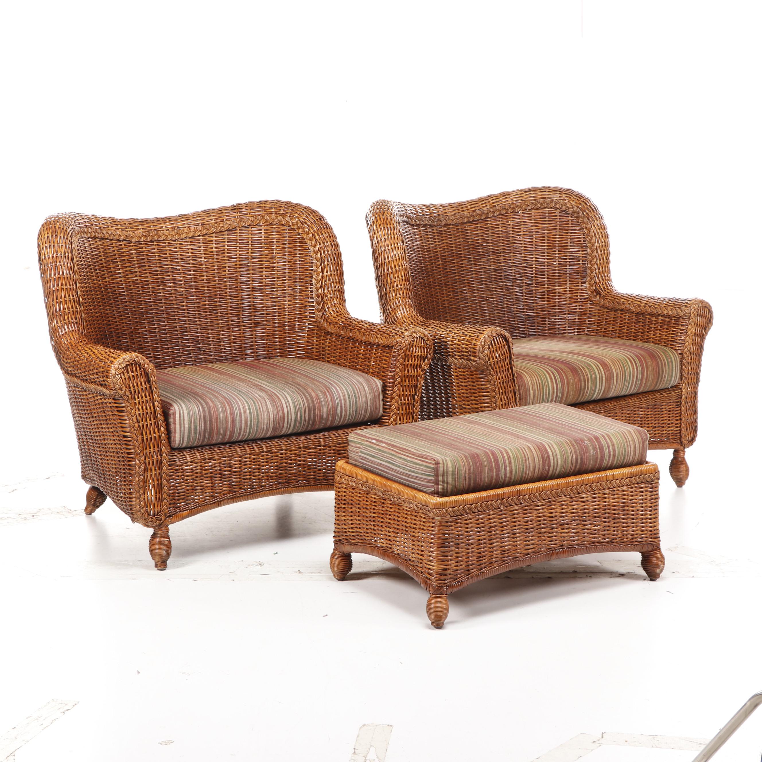 Pier 1 Oversized Woven Wicker Patio Chairs with Ottoman, Late 20th Century