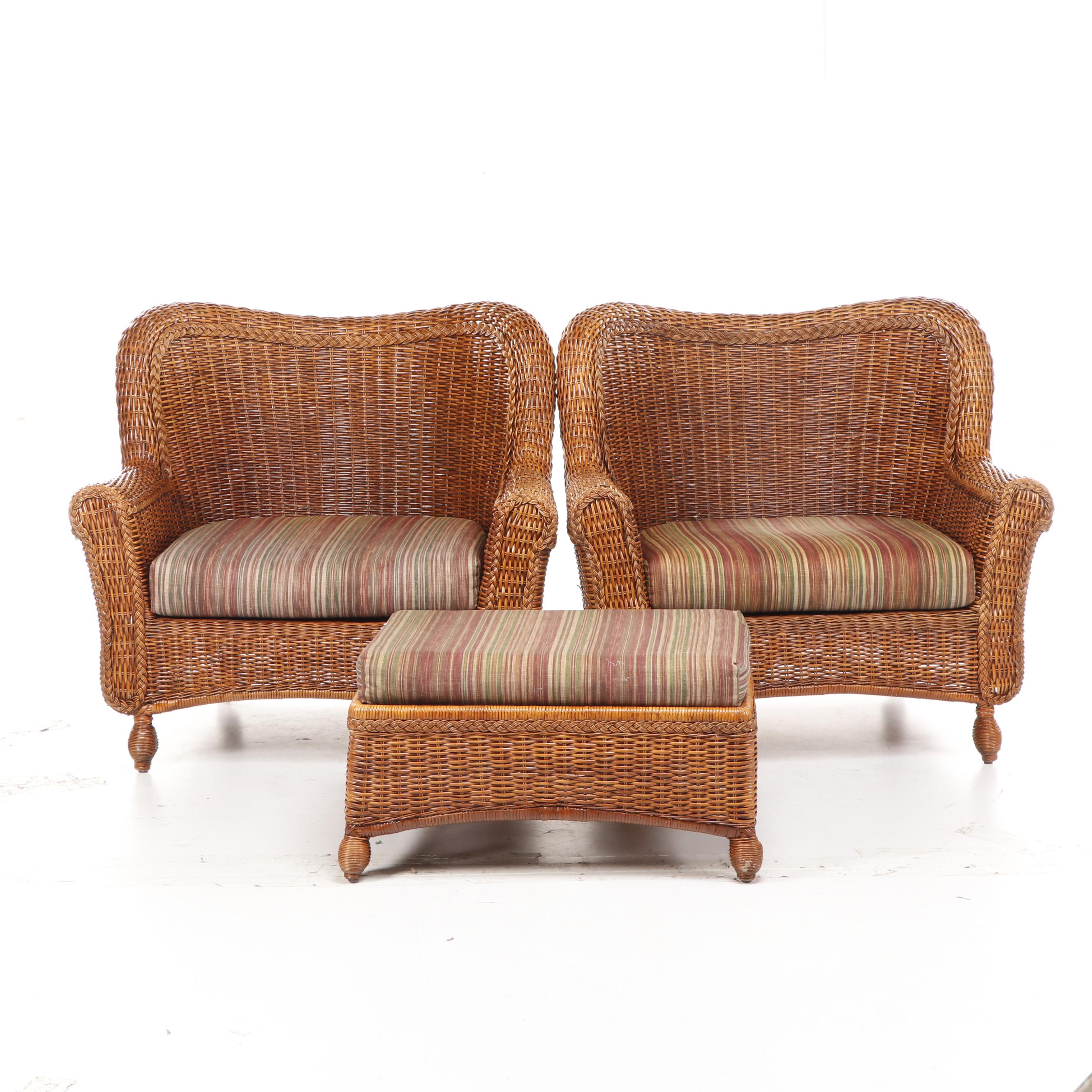 Pier 1 Oversized Woven Wicker Patio Chairs with Ottoman, Late 20th Century