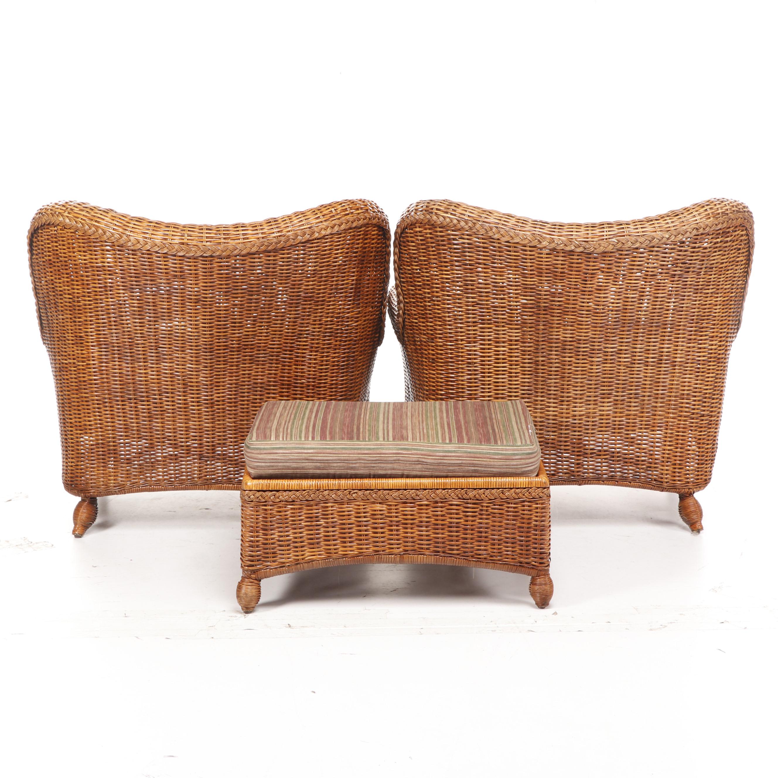Pier 1 Oversized Woven Wicker Patio Chairs with Ottoman, Late 20th Century