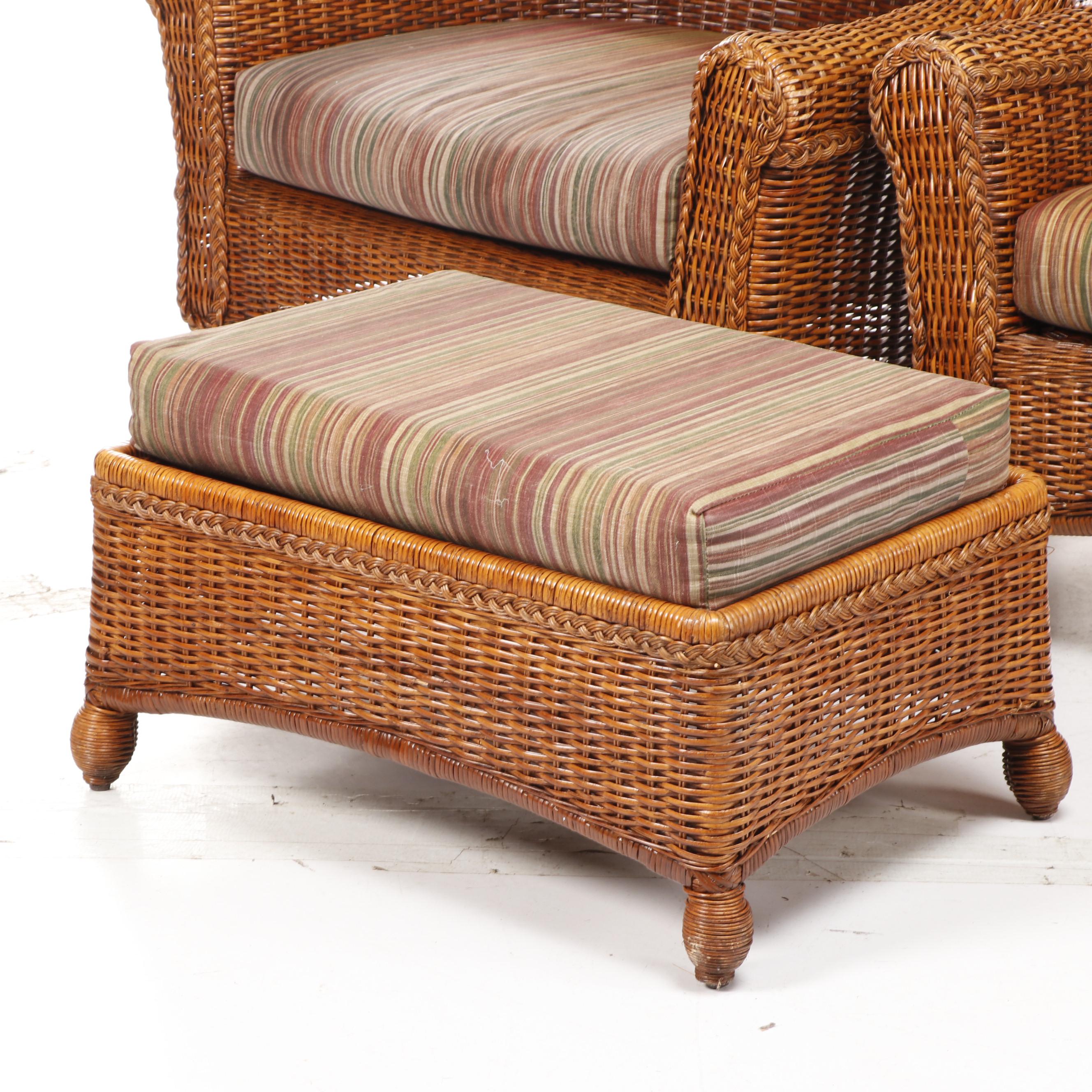 Pier 1 Oversized Woven Wicker Patio Chairs with Ottoman, Late 20th Century