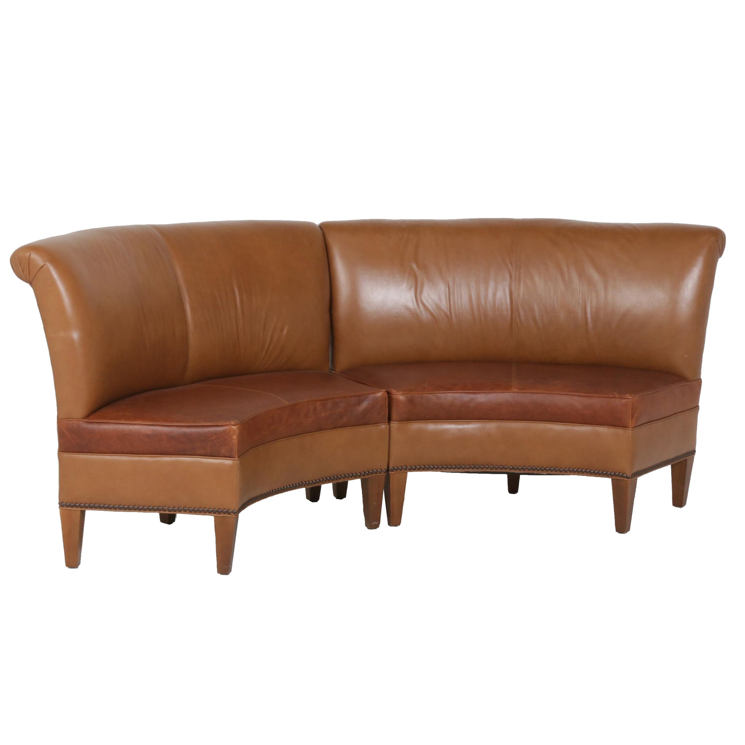Contemporary Tan Leather Curved Loveseat, Pair