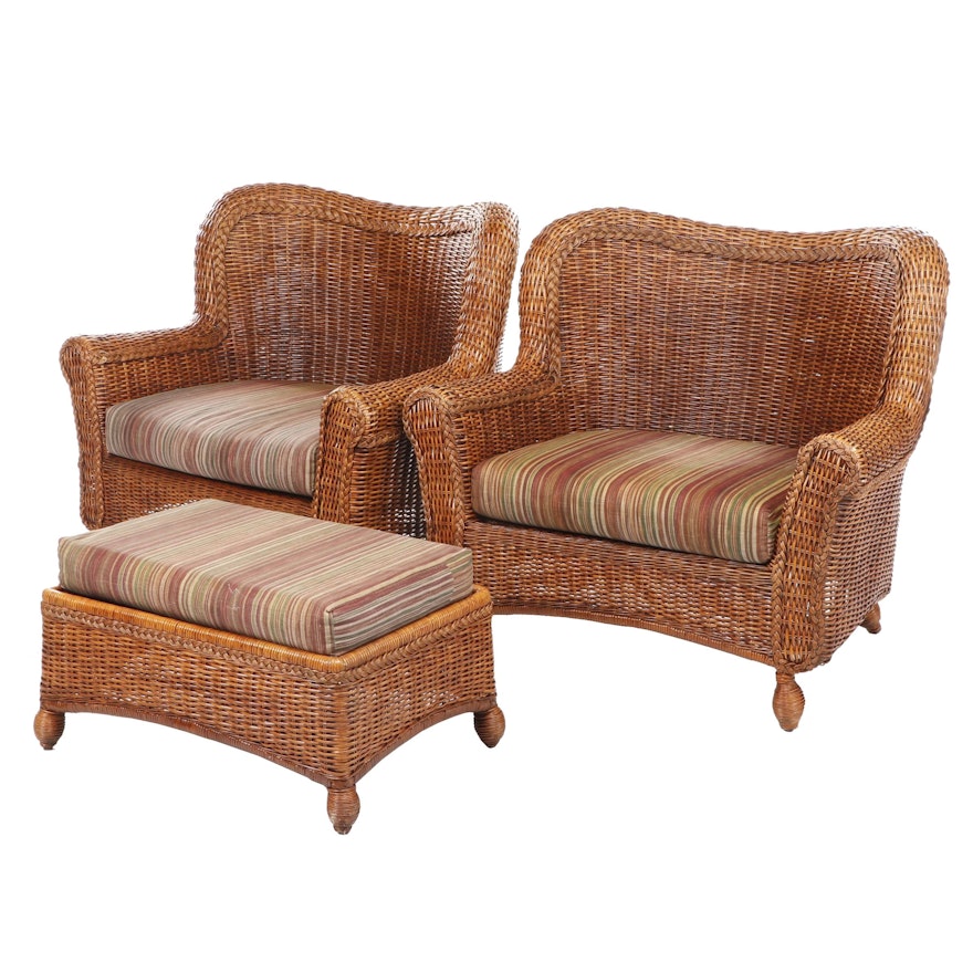 Pier 1 Oversized Woven Wicker Patio Chairs with Ottoman, Late 20th Century