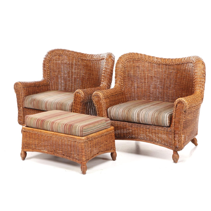 Pier 1 Oversized Woven Wicker Patio Chairs with Ottoman, Late 20th Century