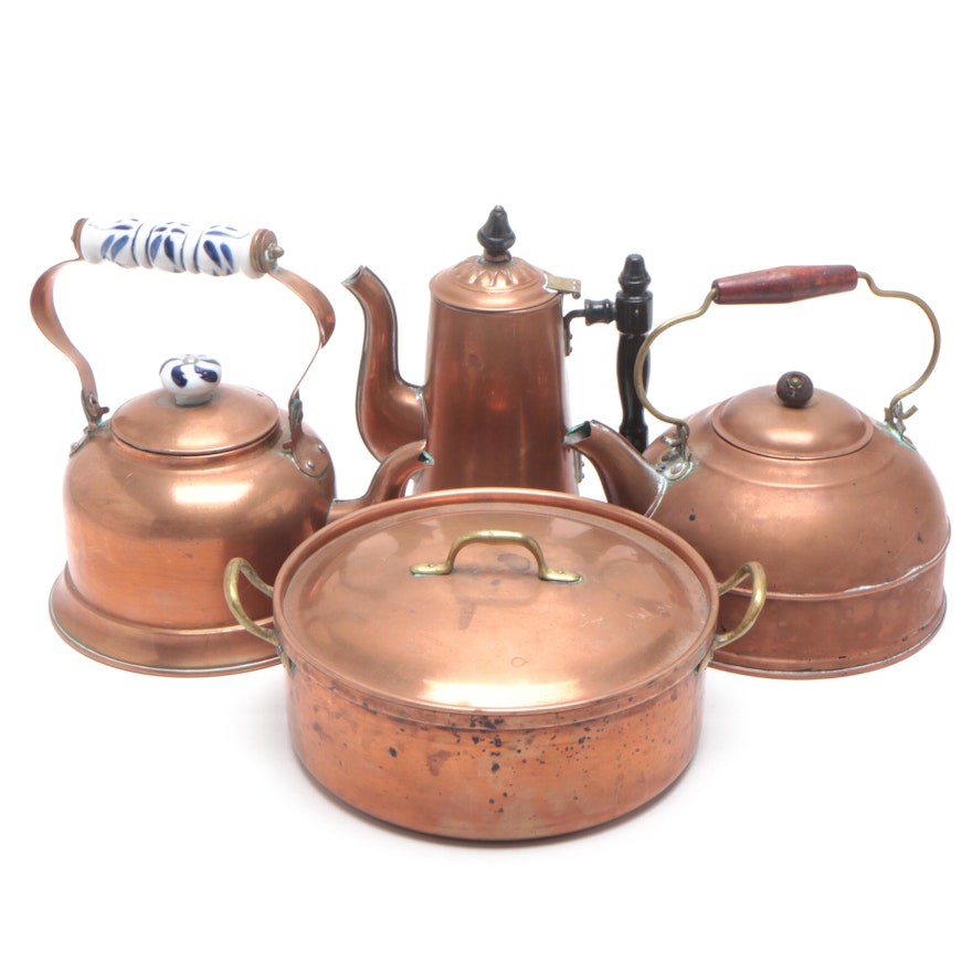 Copper Kettles and Pot, Circa Mid-20th Century Vintage