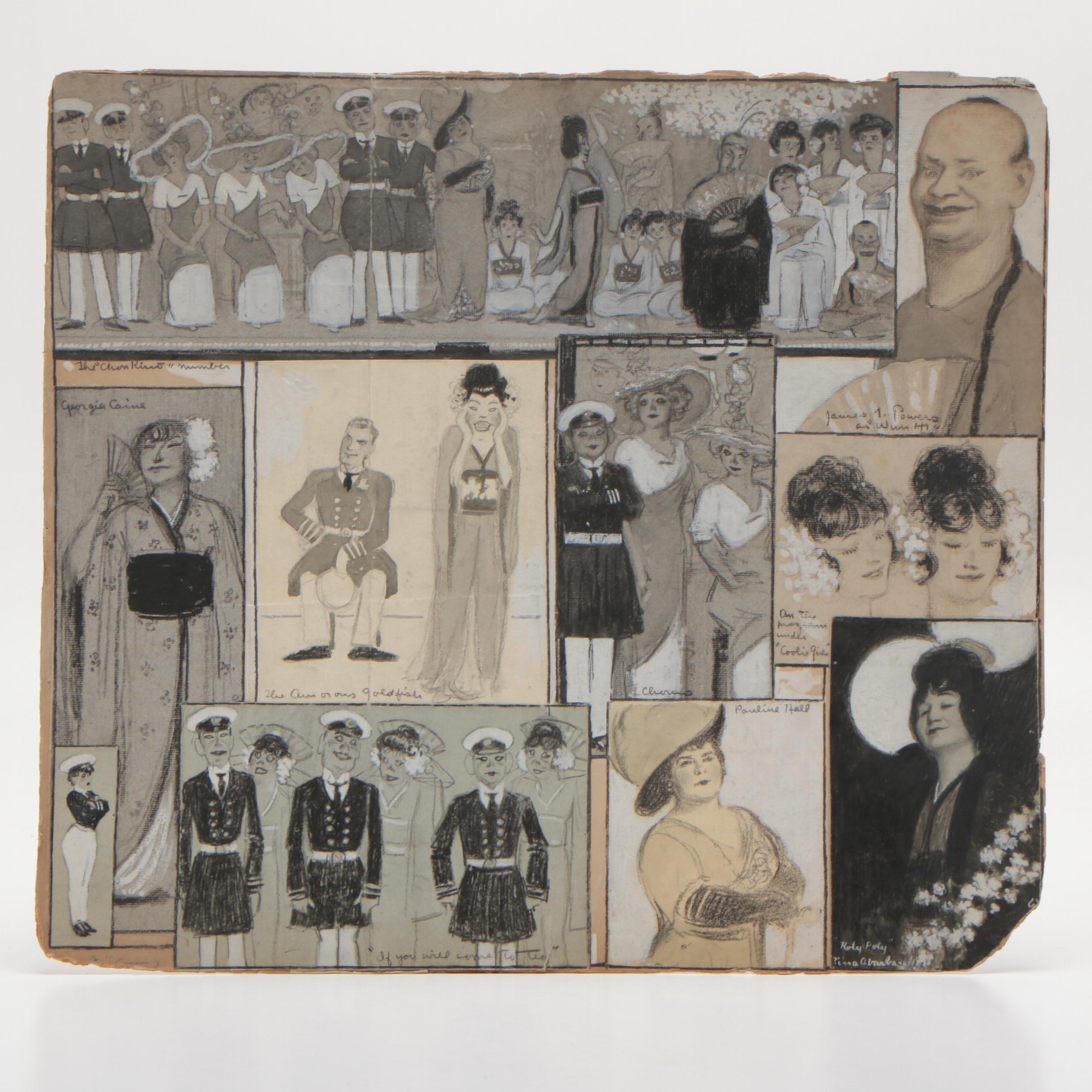 Newspaper, Book Clippings and Charcoal Drawings on Cardboard