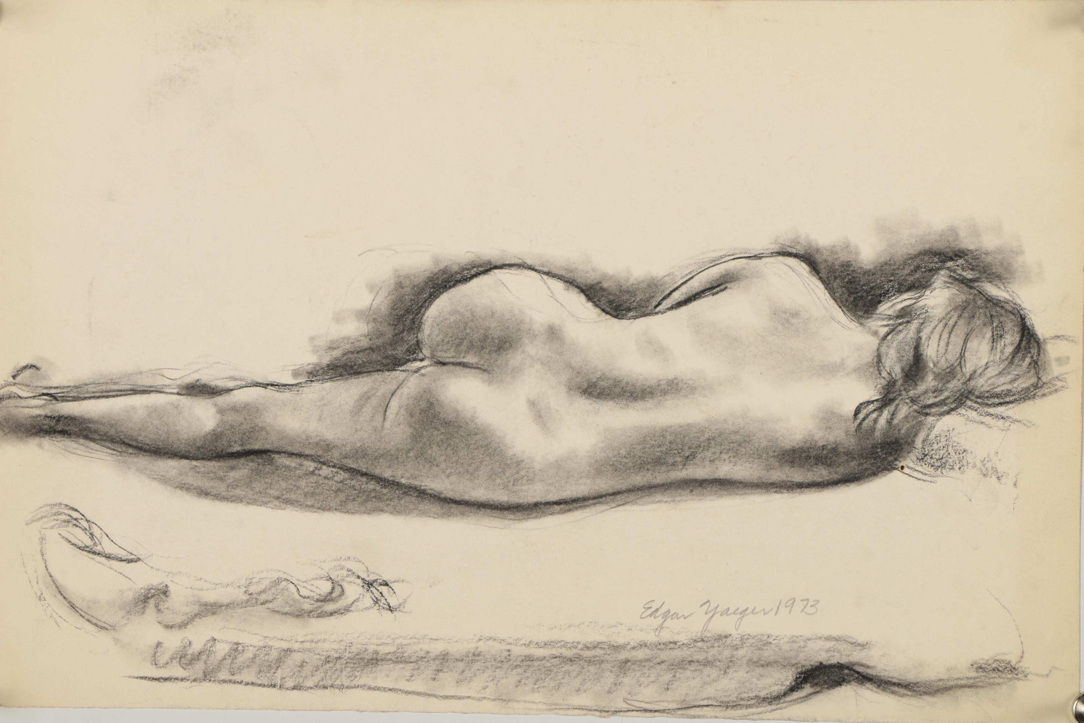 Edgar Yaeger 1973 Charcoal Drawing of Reclining Female Nude