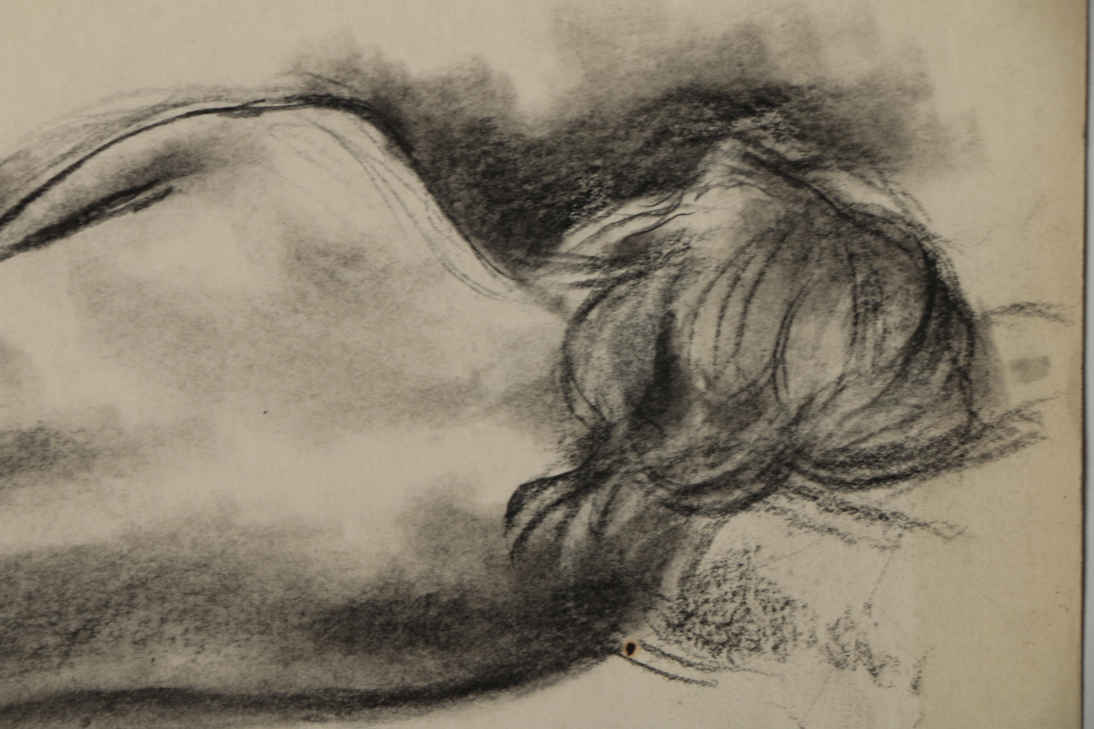 Edgar Yaeger 1973 Charcoal Drawing of Reclining Female Nude