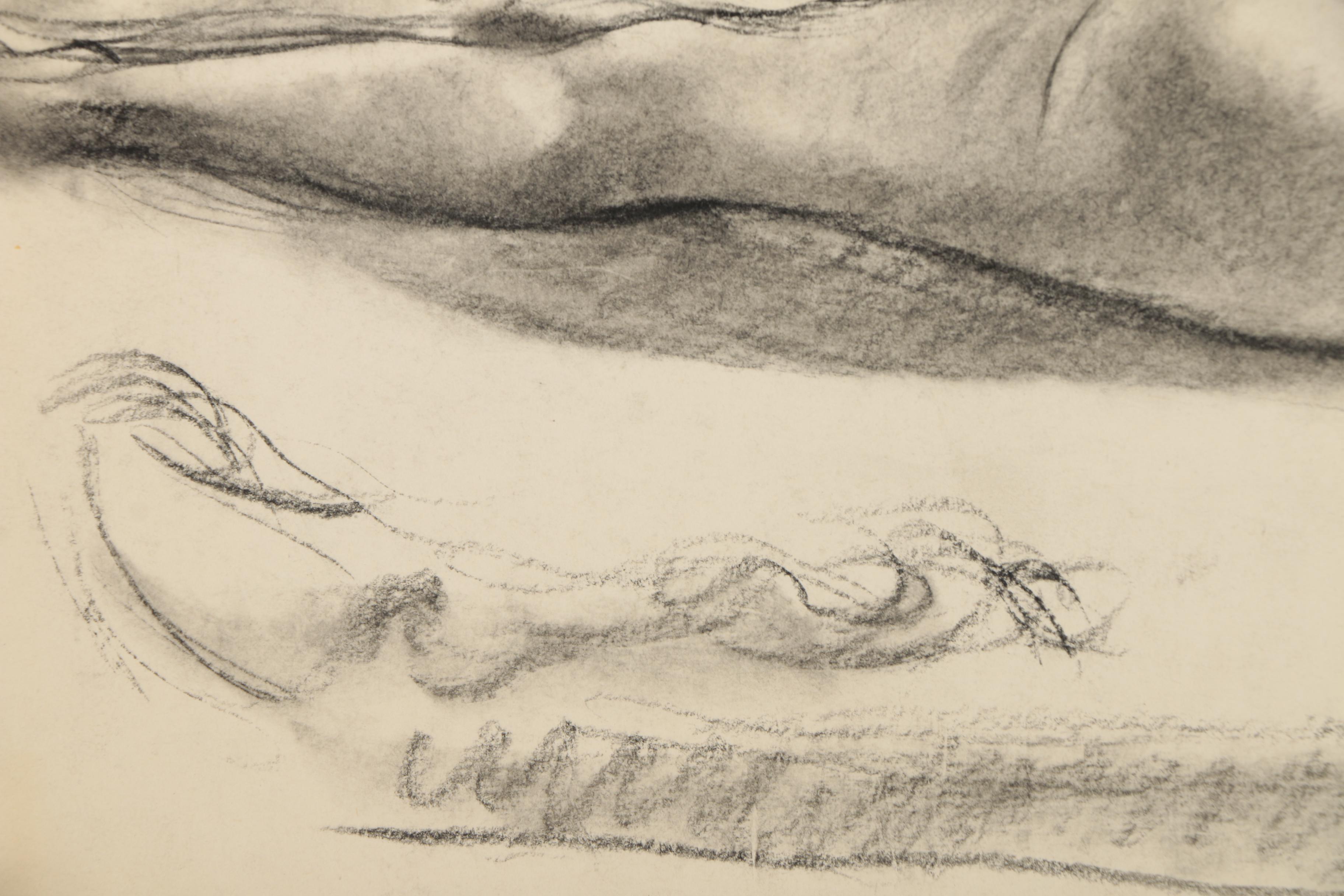 Edgar Yaeger 1973 Charcoal Drawing of Reclining Female Nude