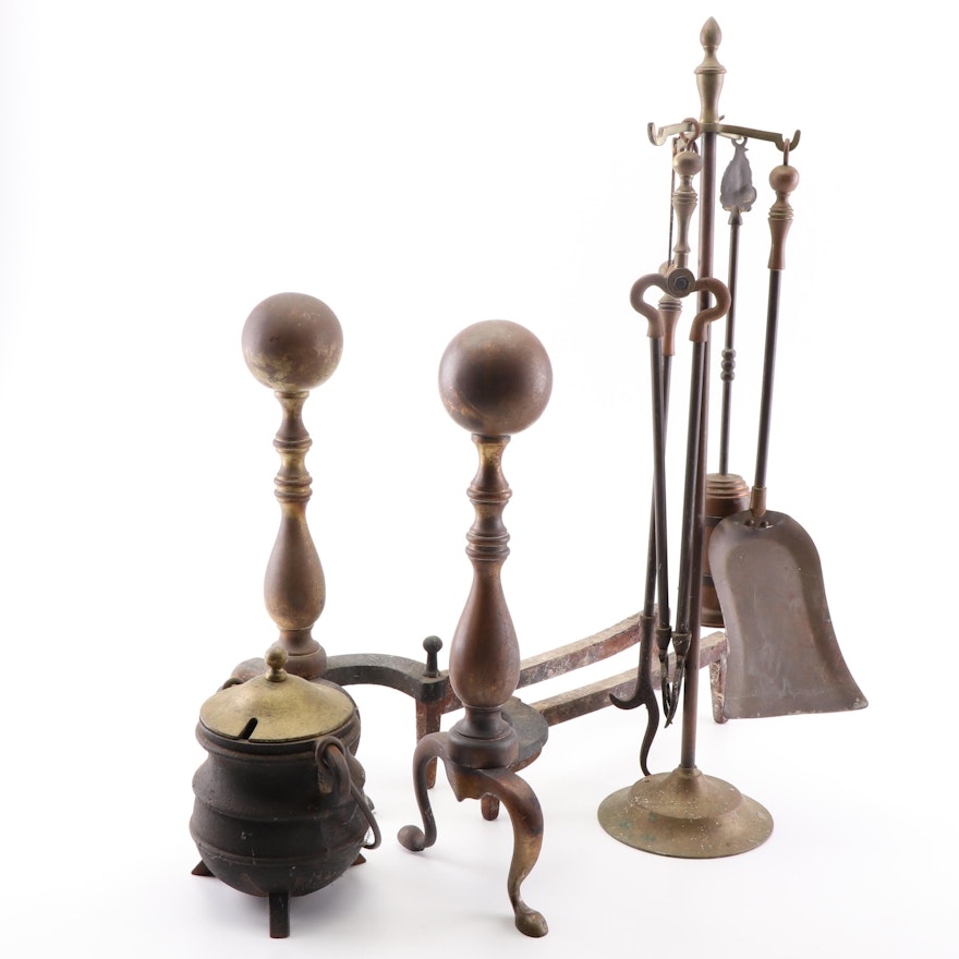 Cast Iron and Plated Brass Fireplace Accessories, Mid-20th Century