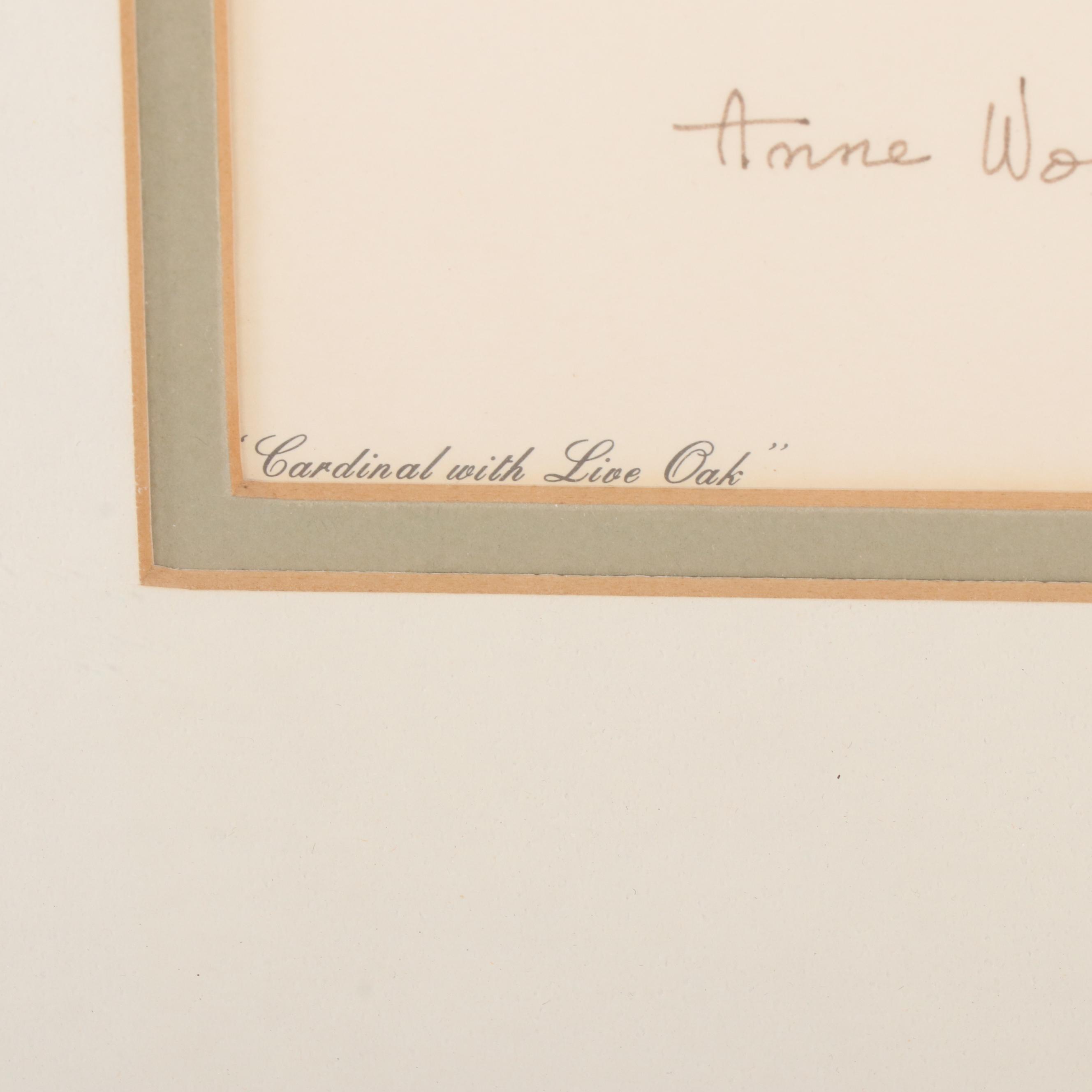 Anne Worsham Richardson Offset Lithograph "Cardinal with Live Oak"