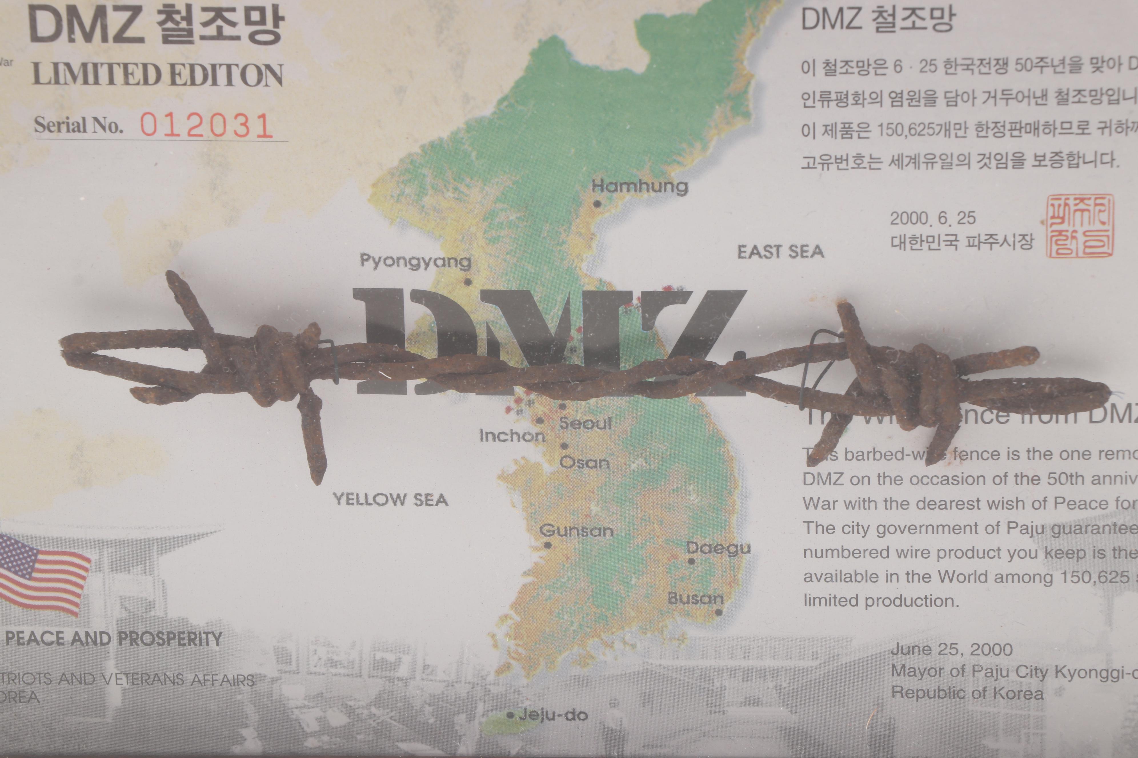 Framed Section of Barbed Wire Fence from the Korean DMZ Conflict
