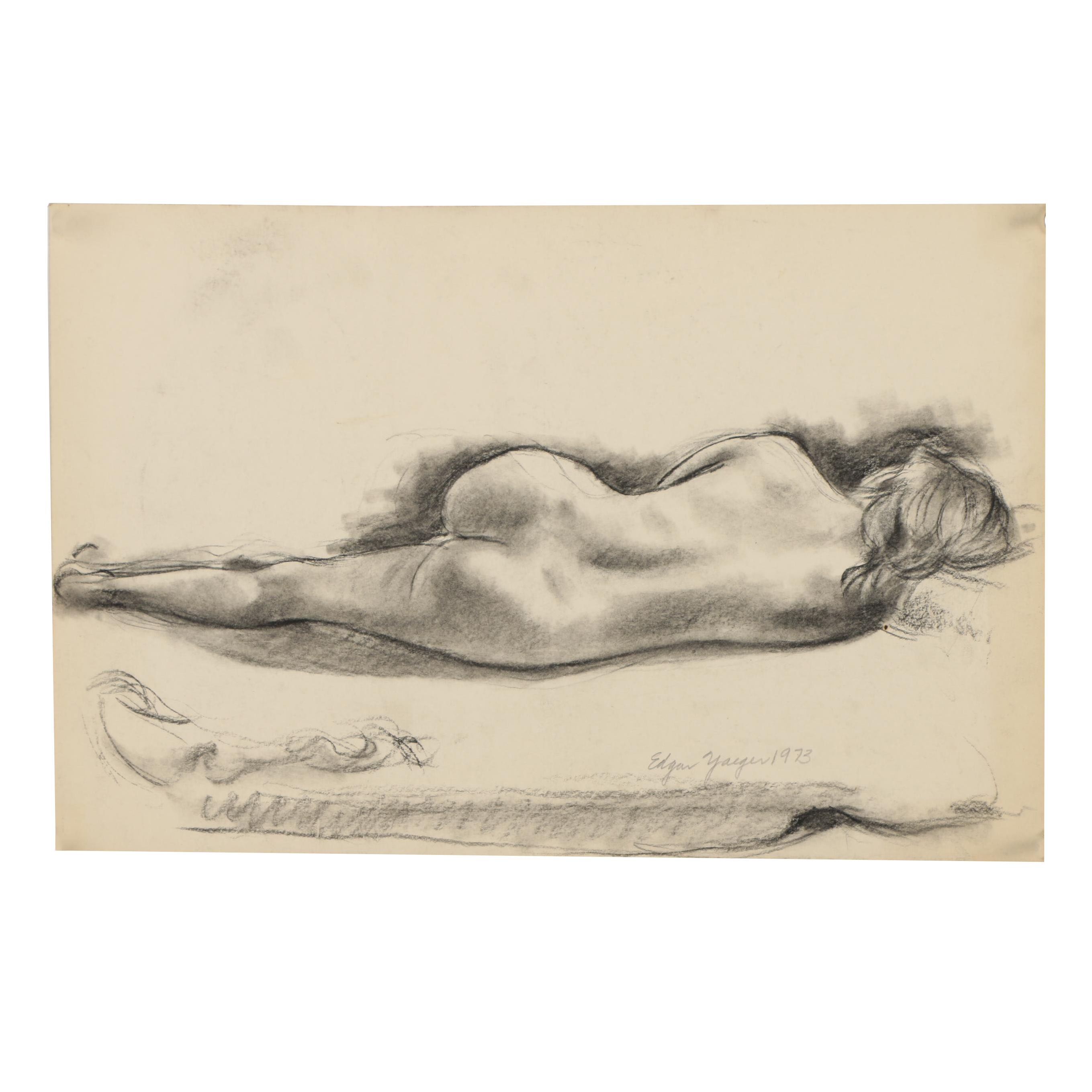 Edgar Yaeger 1973 Charcoal Drawing of Reclining Female Nude