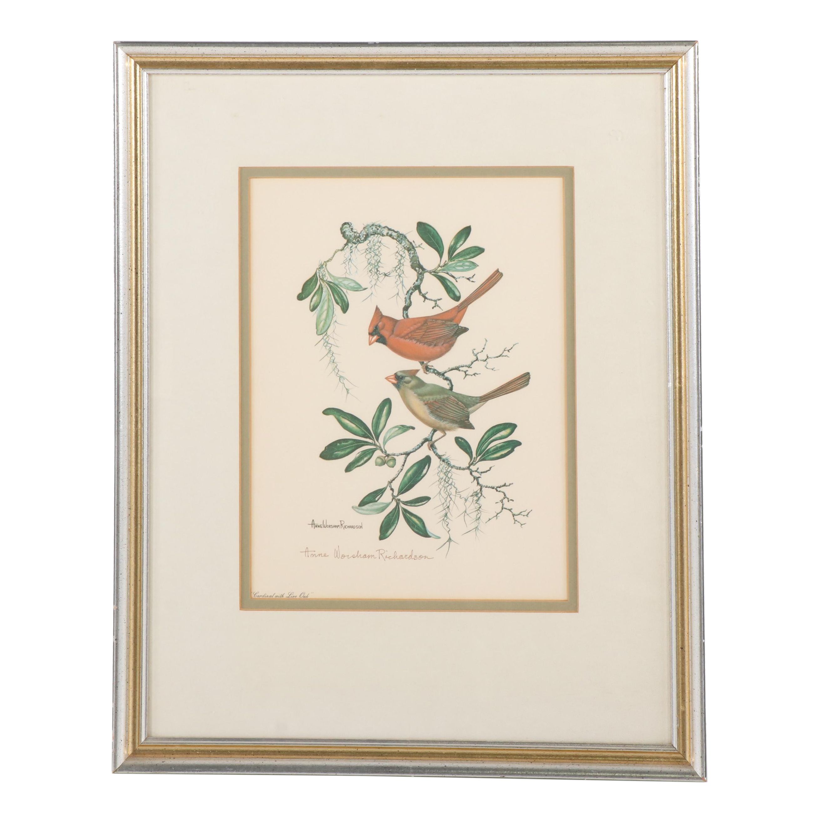 Anne Worsham Richardson Offset Lithograph "Cardinal with Live Oak"