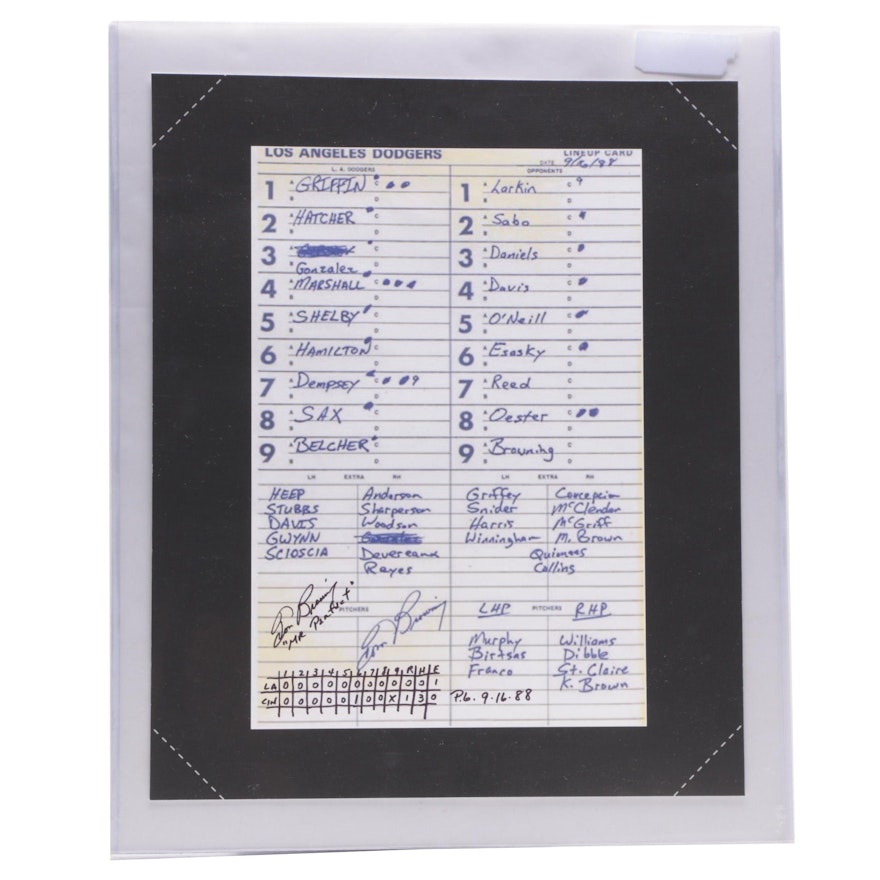 Tom Browning Cincinnati Reds Signed 1988 "Perfect Game" Line-Up Card Display