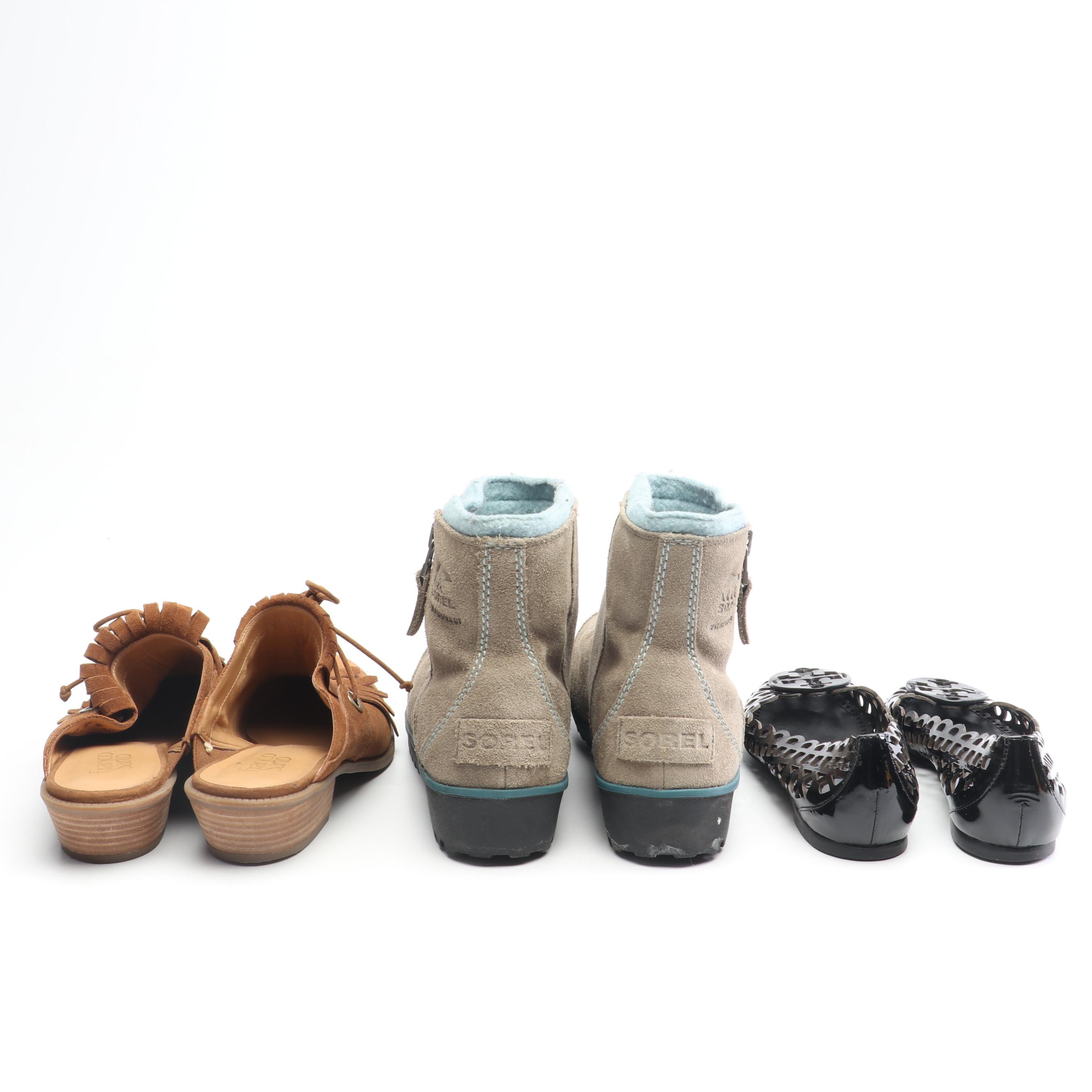 Tory Burch Patent Leather Flats, Sorel Suede Boots and Franco Sarto Suede Mules