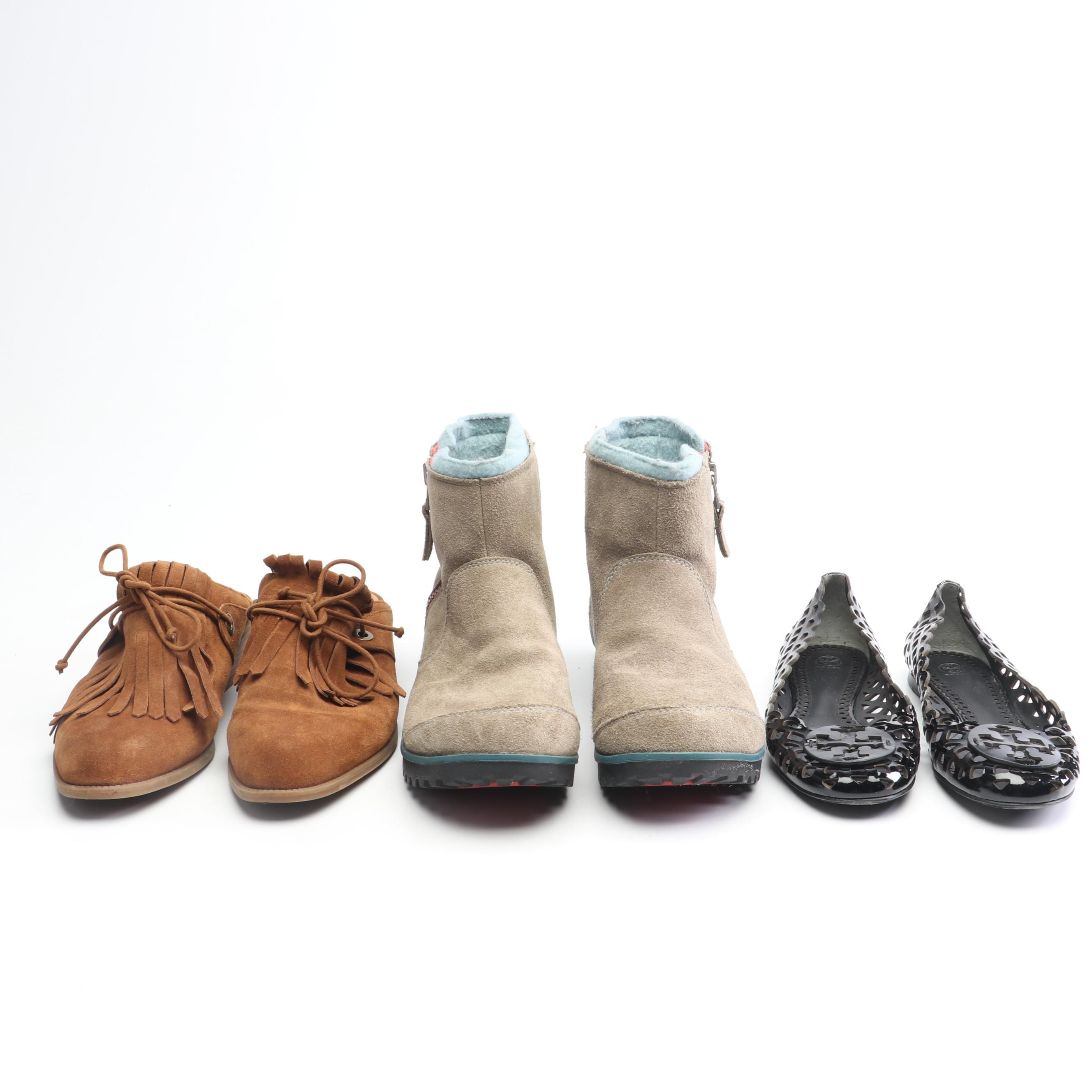 Tory Burch Patent Leather Flats, Sorel Suede Boots and Franco Sarto Suede Mules