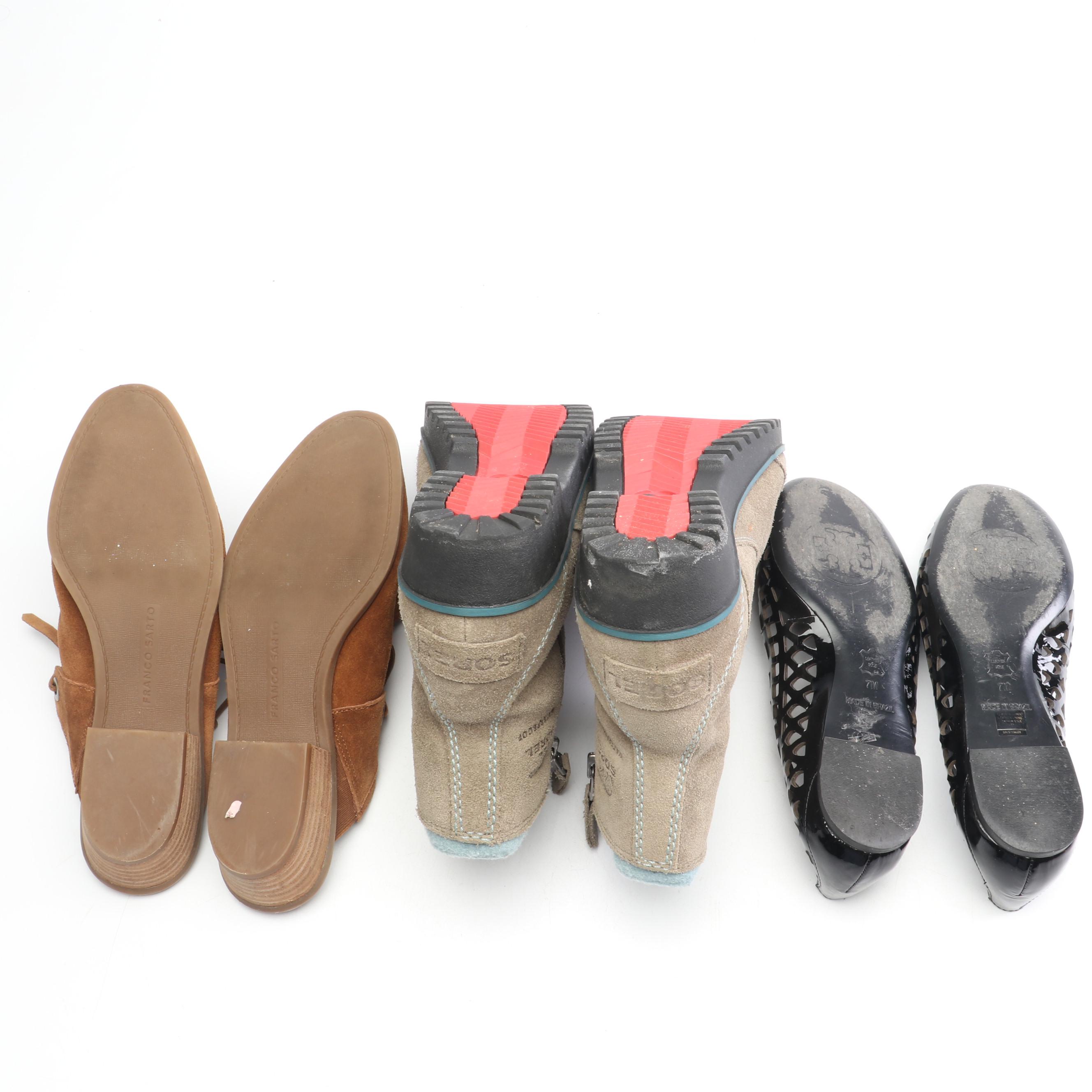 Tory Burch Patent Leather Flats, Sorel Suede Boots and Franco Sarto Suede Mules