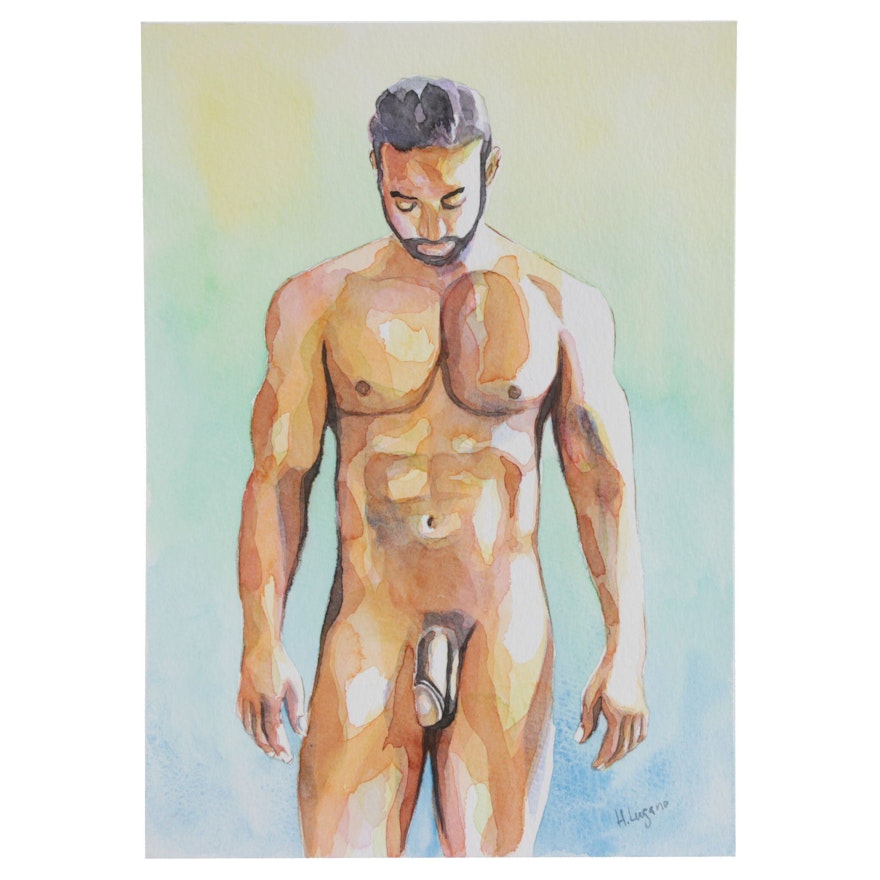 H. Lugano Watercolor Painting of Male Figure