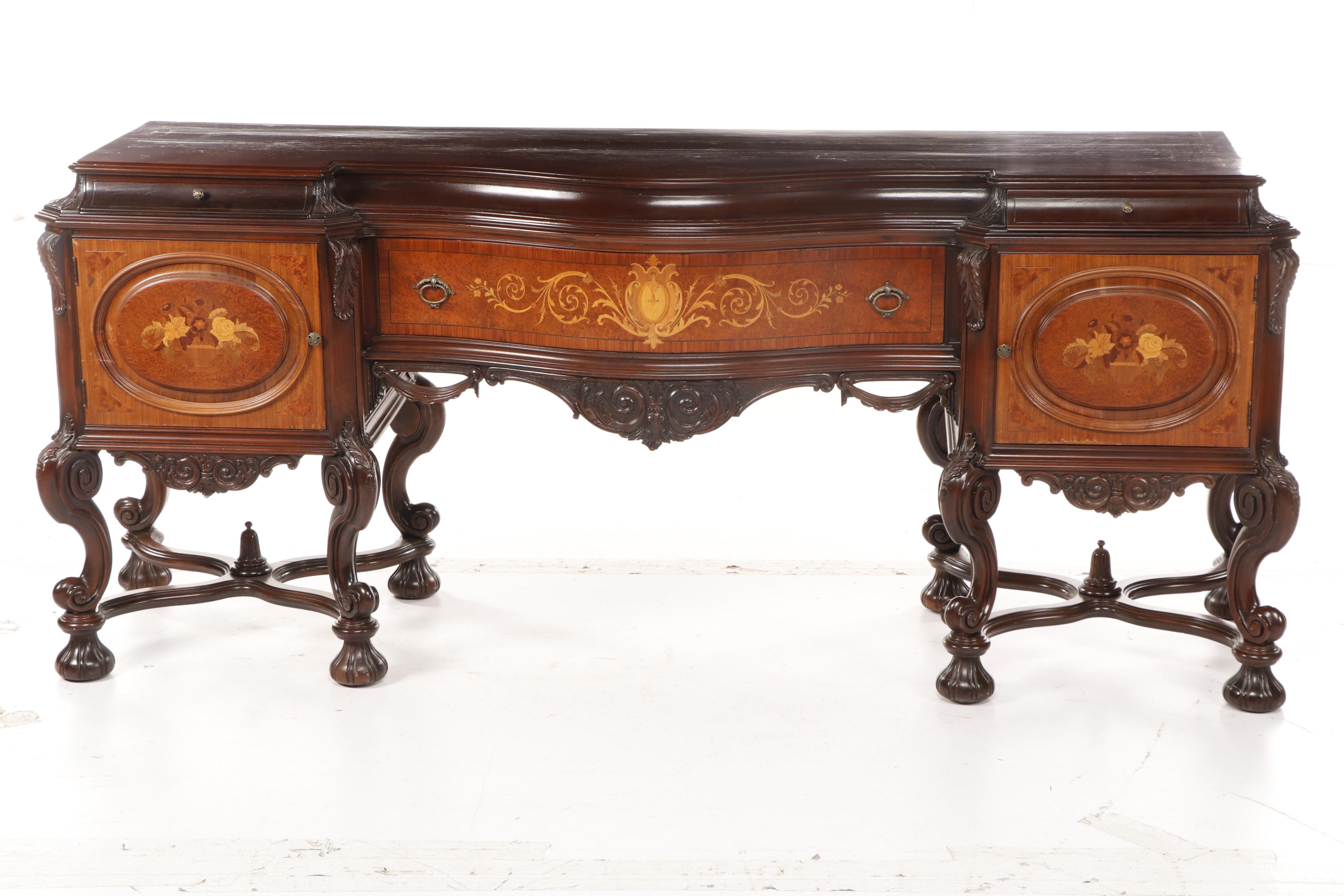 Italian Baroque Style Marquetry Inlaid Flemish Scroll Foot Sideboard
