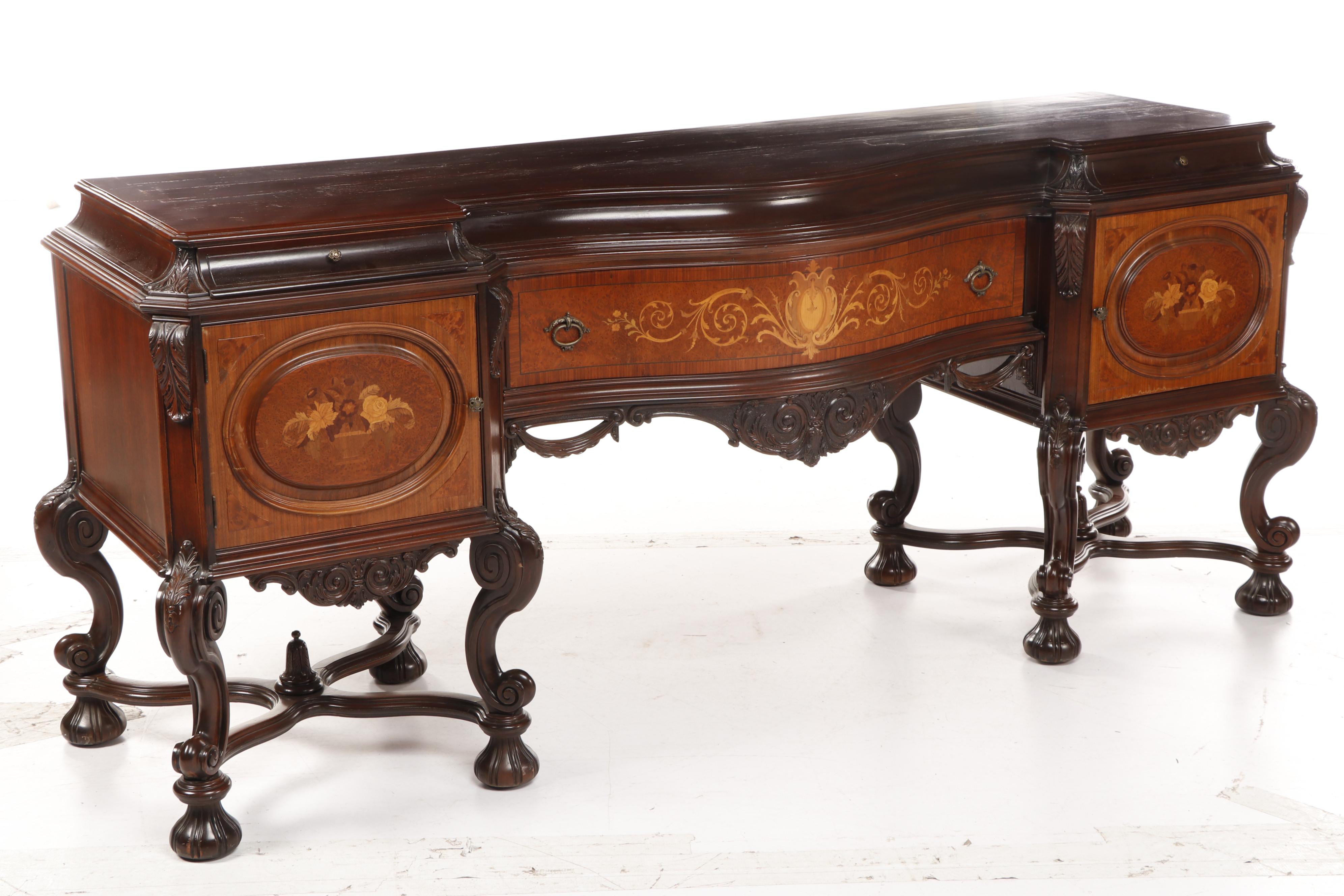 Italian Baroque Style Marquetry Inlaid Flemish Scroll Foot Sideboard