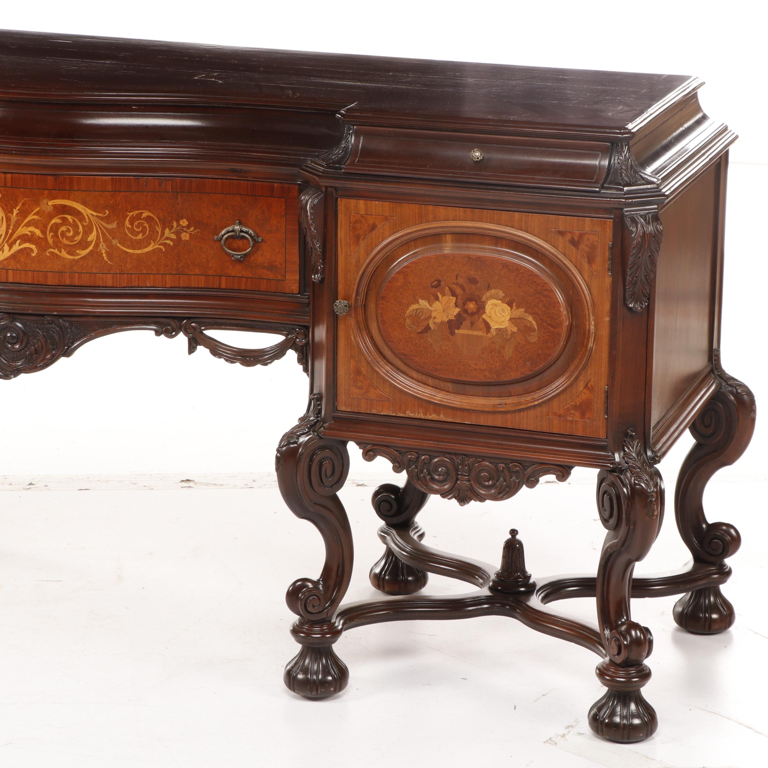 Italian Baroque Style Marquetry Inlaid Flemish Scroll Foot Sideboard