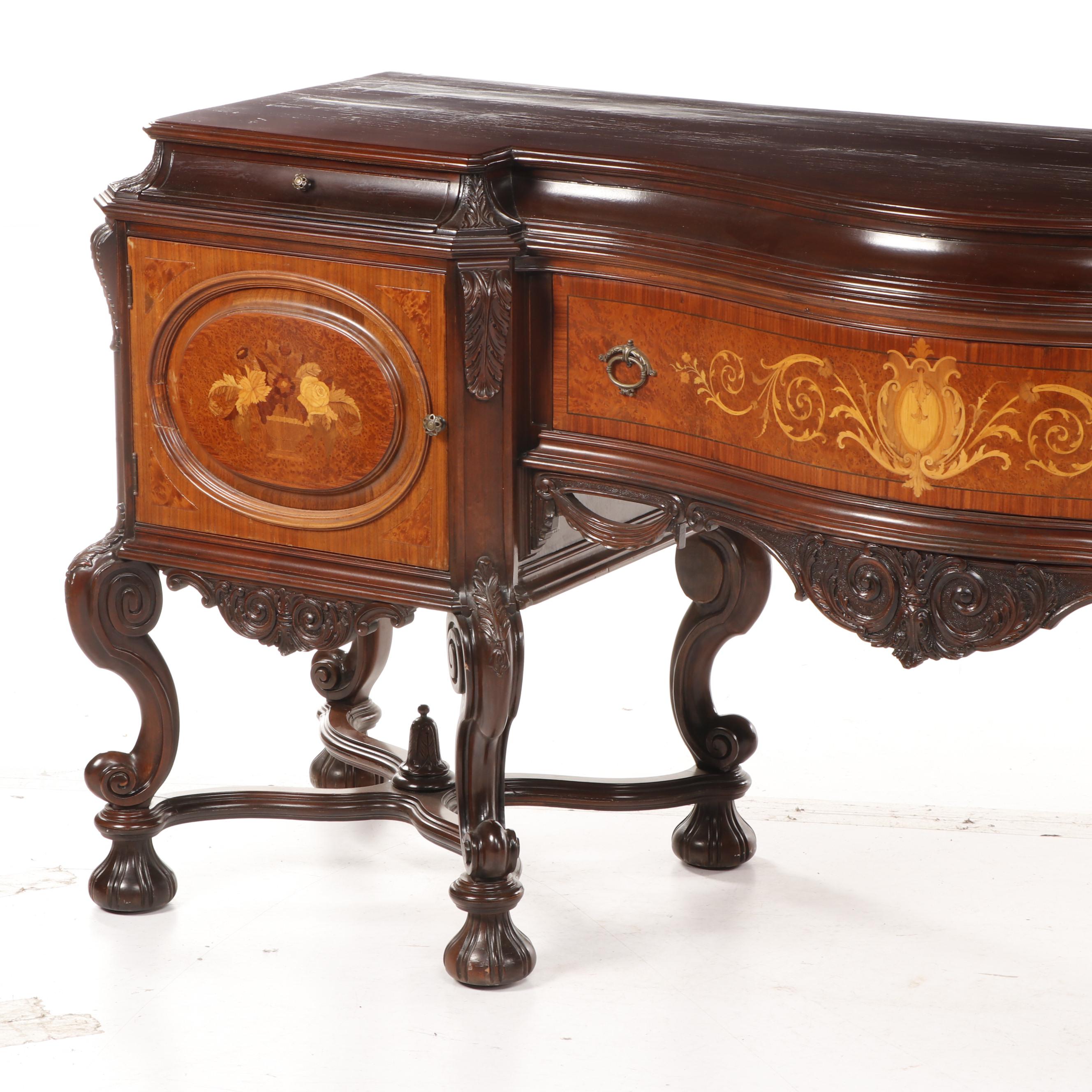 Italian Baroque Style Marquetry Inlaid Flemish Scroll Foot Sideboard