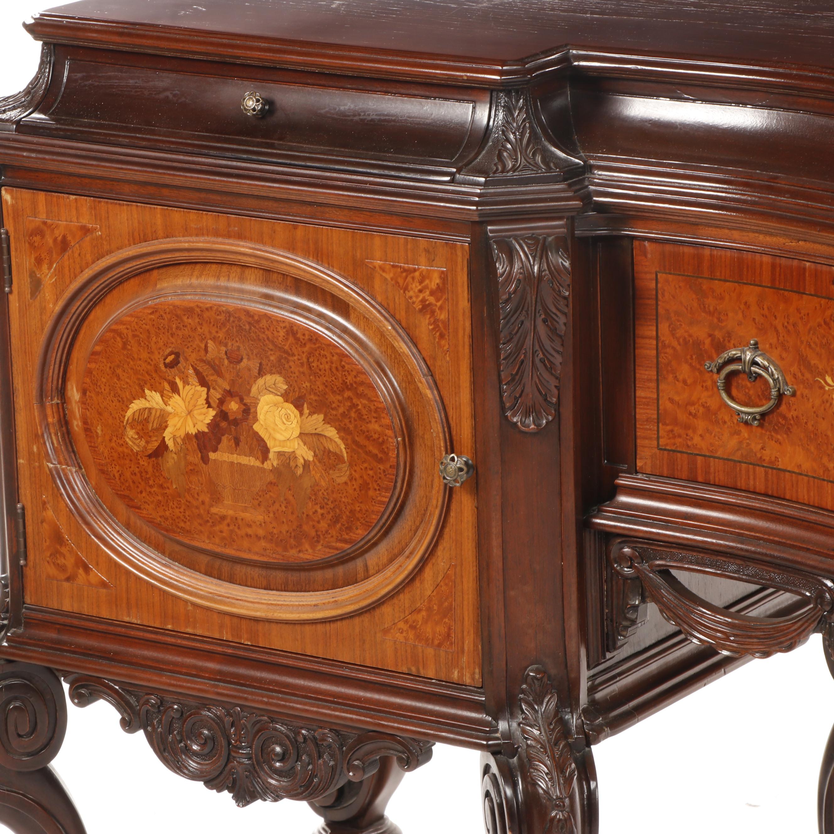 Italian Baroque Style Marquetry Inlaid Flemish Scroll Foot Sideboard