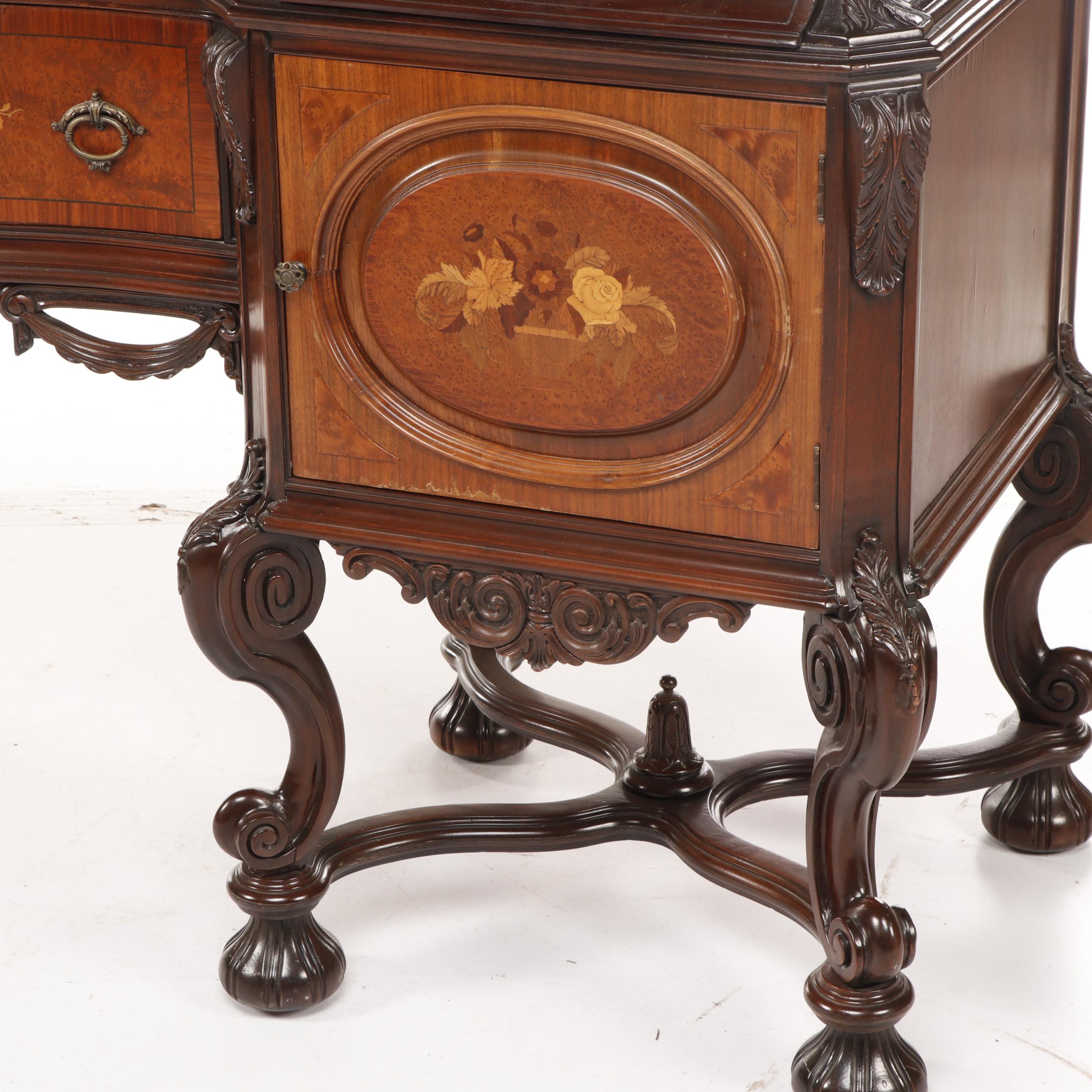 Italian Baroque Style Marquetry Inlaid Flemish Scroll Foot Sideboard