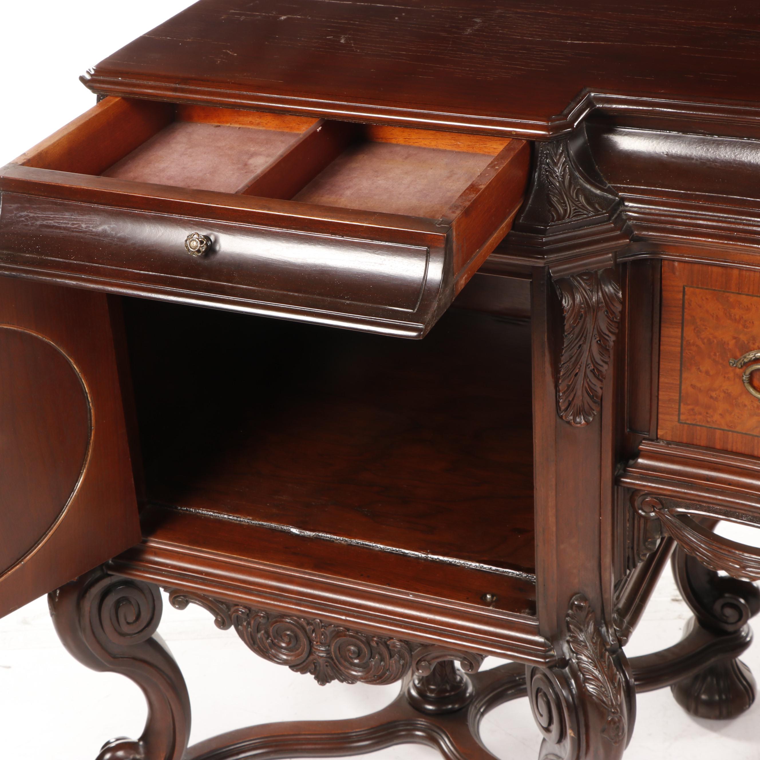 Italian Baroque Style Marquetry Inlaid Flemish Scroll Foot Sideboard
