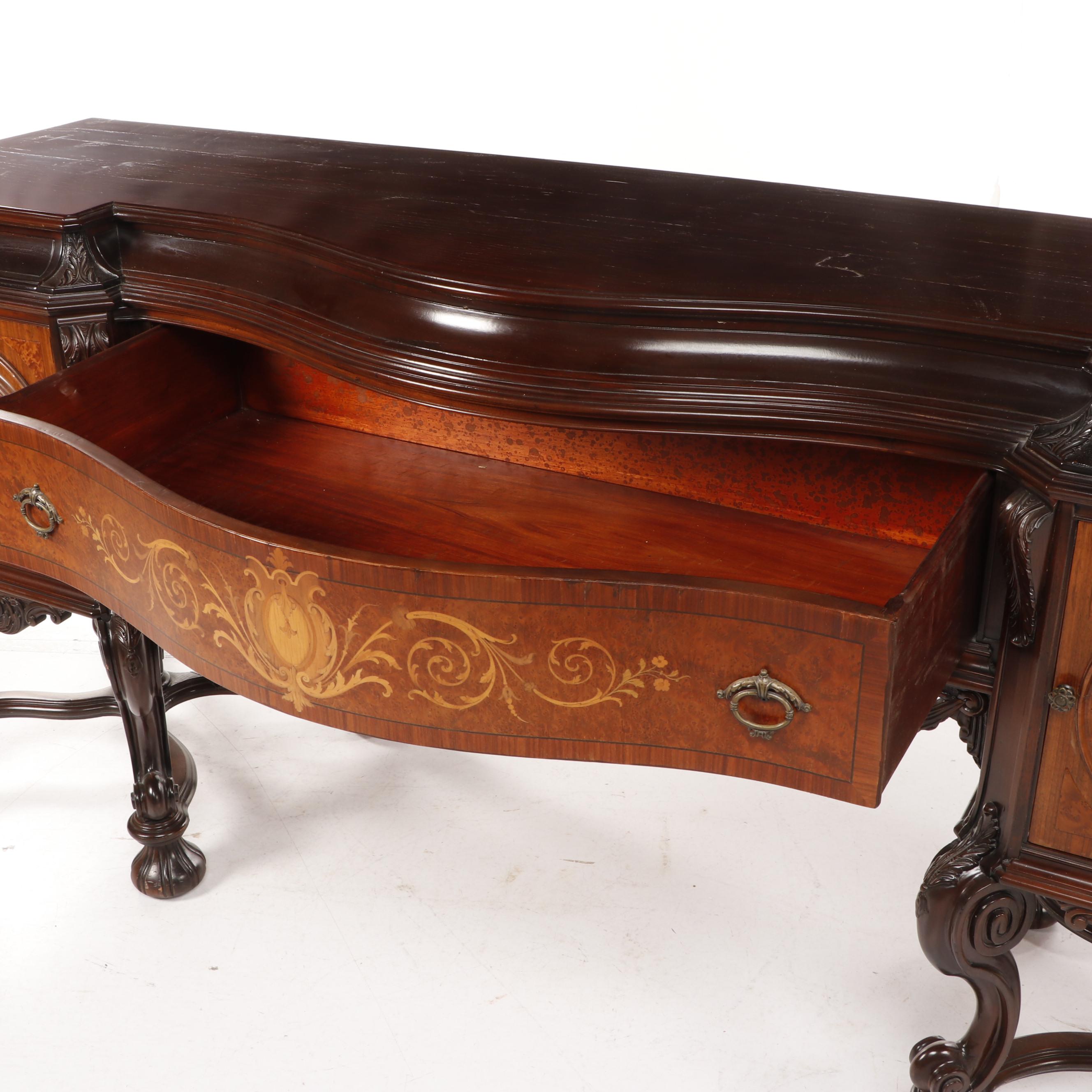 Italian Baroque Style Marquetry Inlaid Flemish Scroll Foot Sideboard
