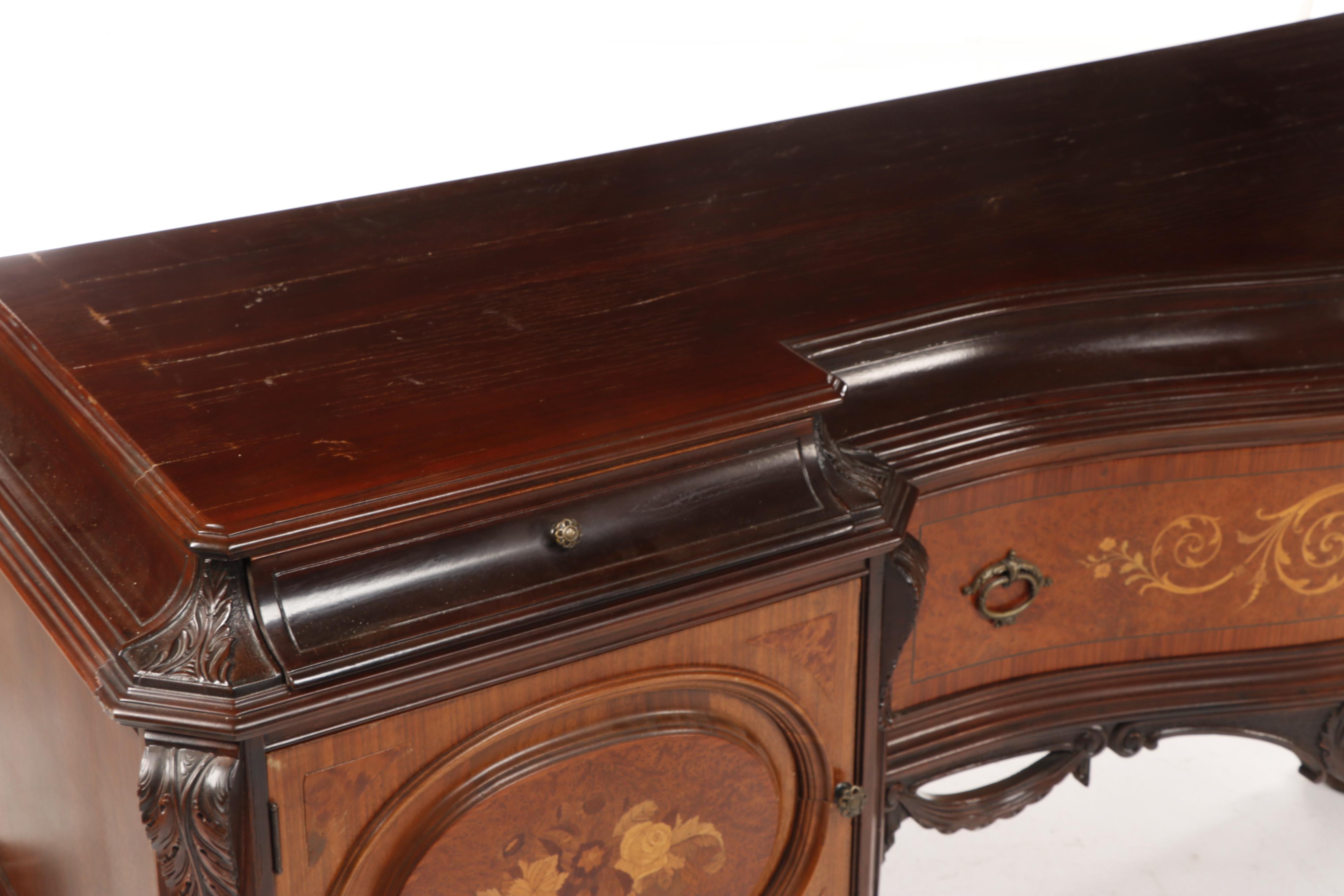 Italian Baroque Style Marquetry Inlaid Flemish Scroll Foot Sideboard