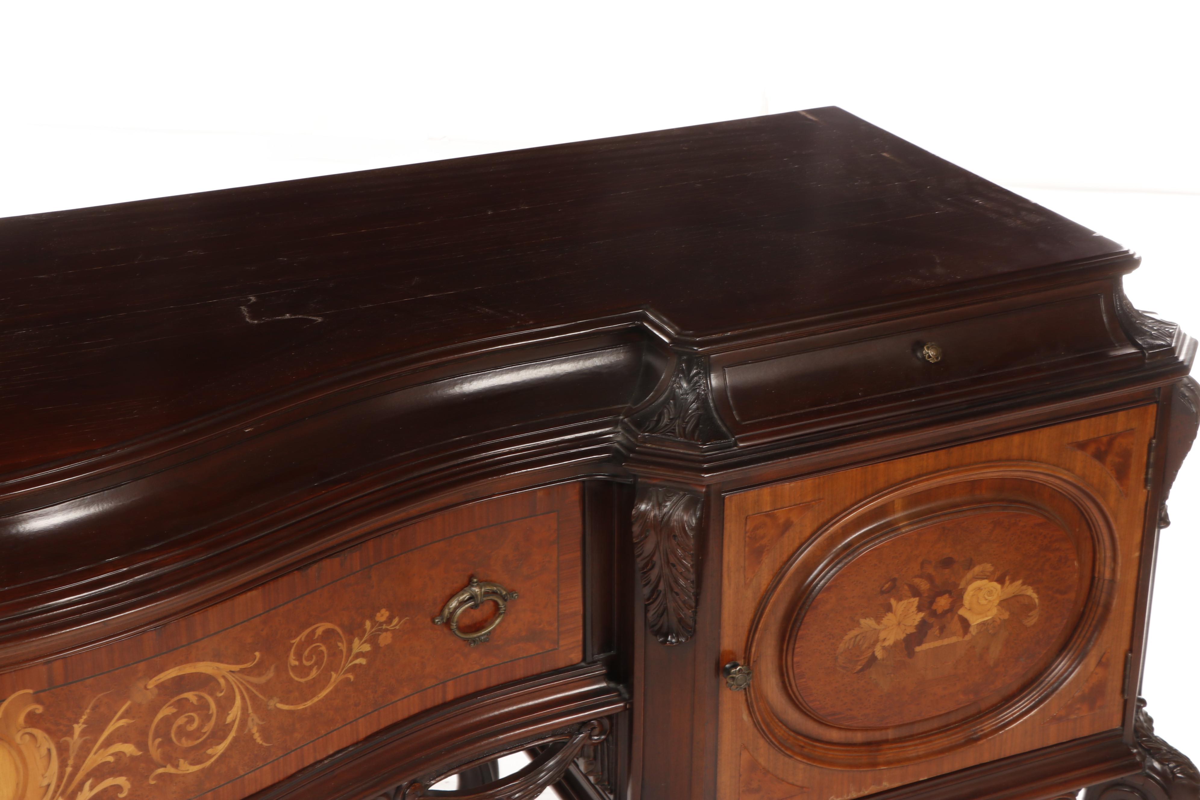 Italian Baroque Style Marquetry Inlaid Flemish Scroll Foot Sideboard