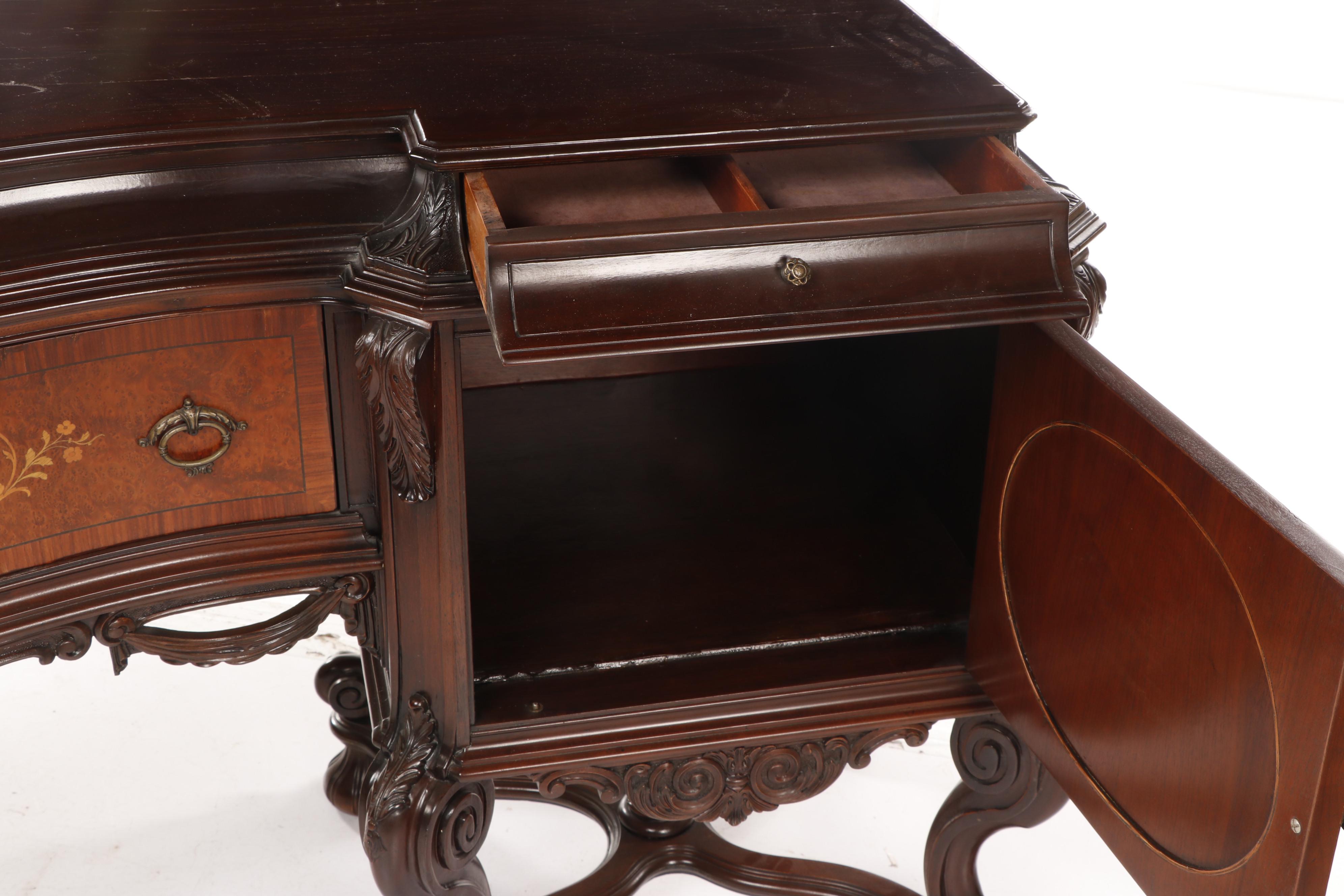 Italian Baroque Style Marquetry Inlaid Flemish Scroll Foot Sideboard