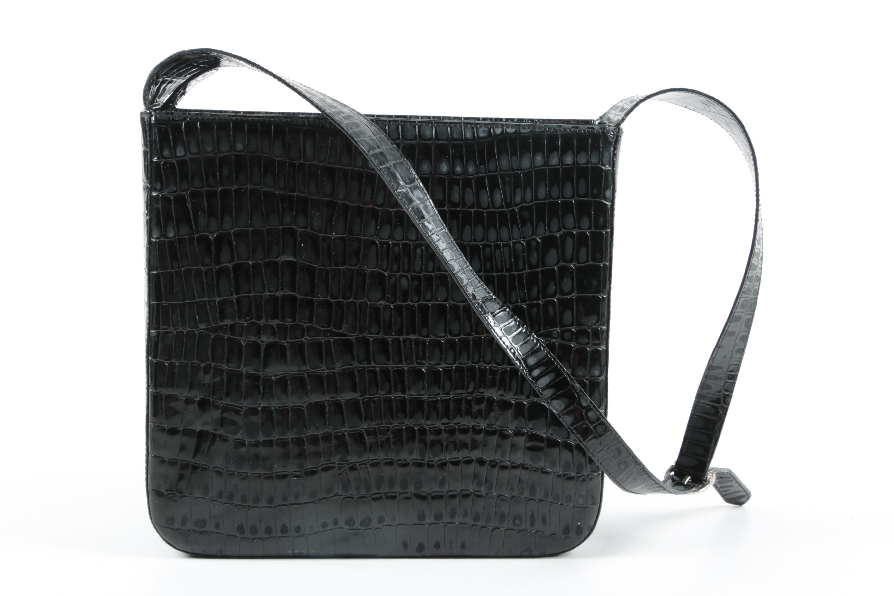 Salvatore Ferragamo Gancini Black Crocodile Embossed Patent Leather Shoulder Bag